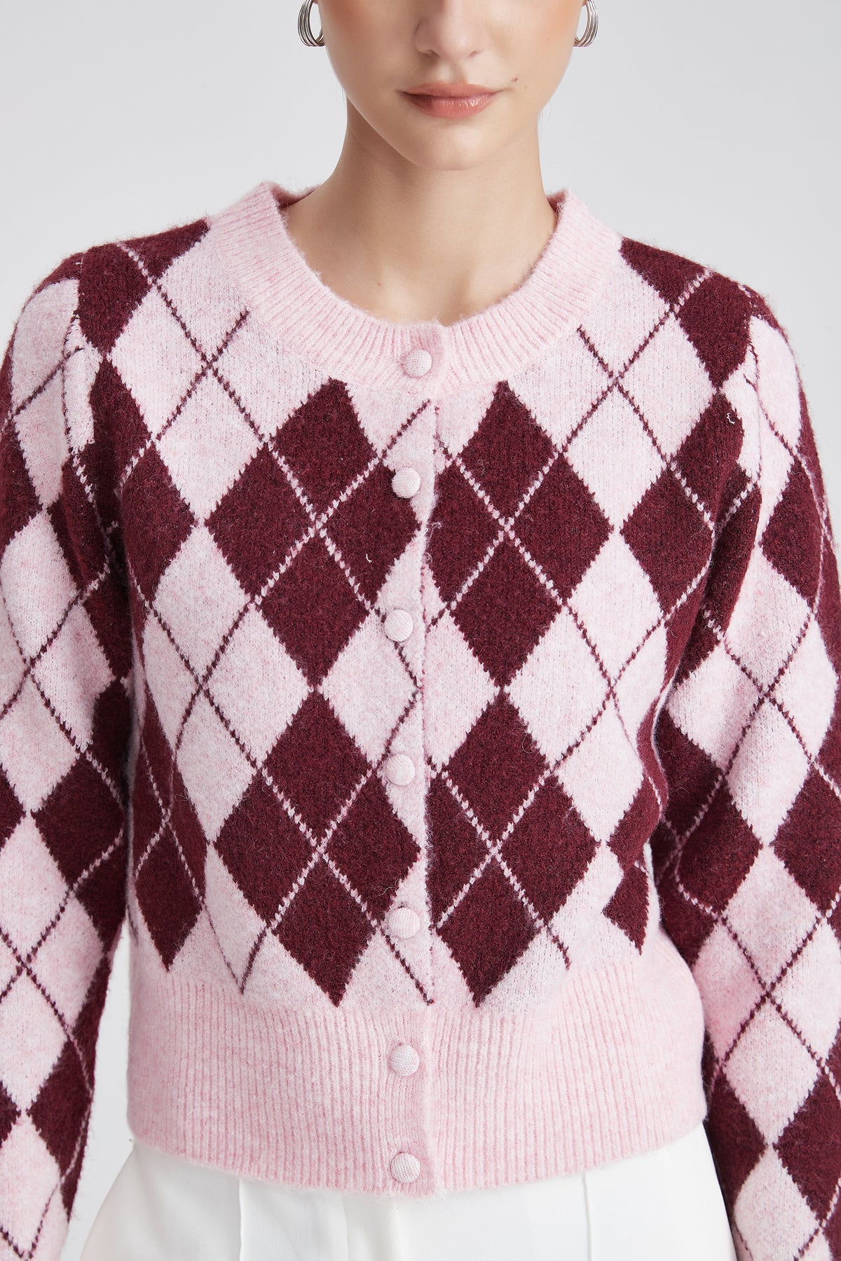 Cropped Knit Cardigan with Argyle Pattern and Front Buttons