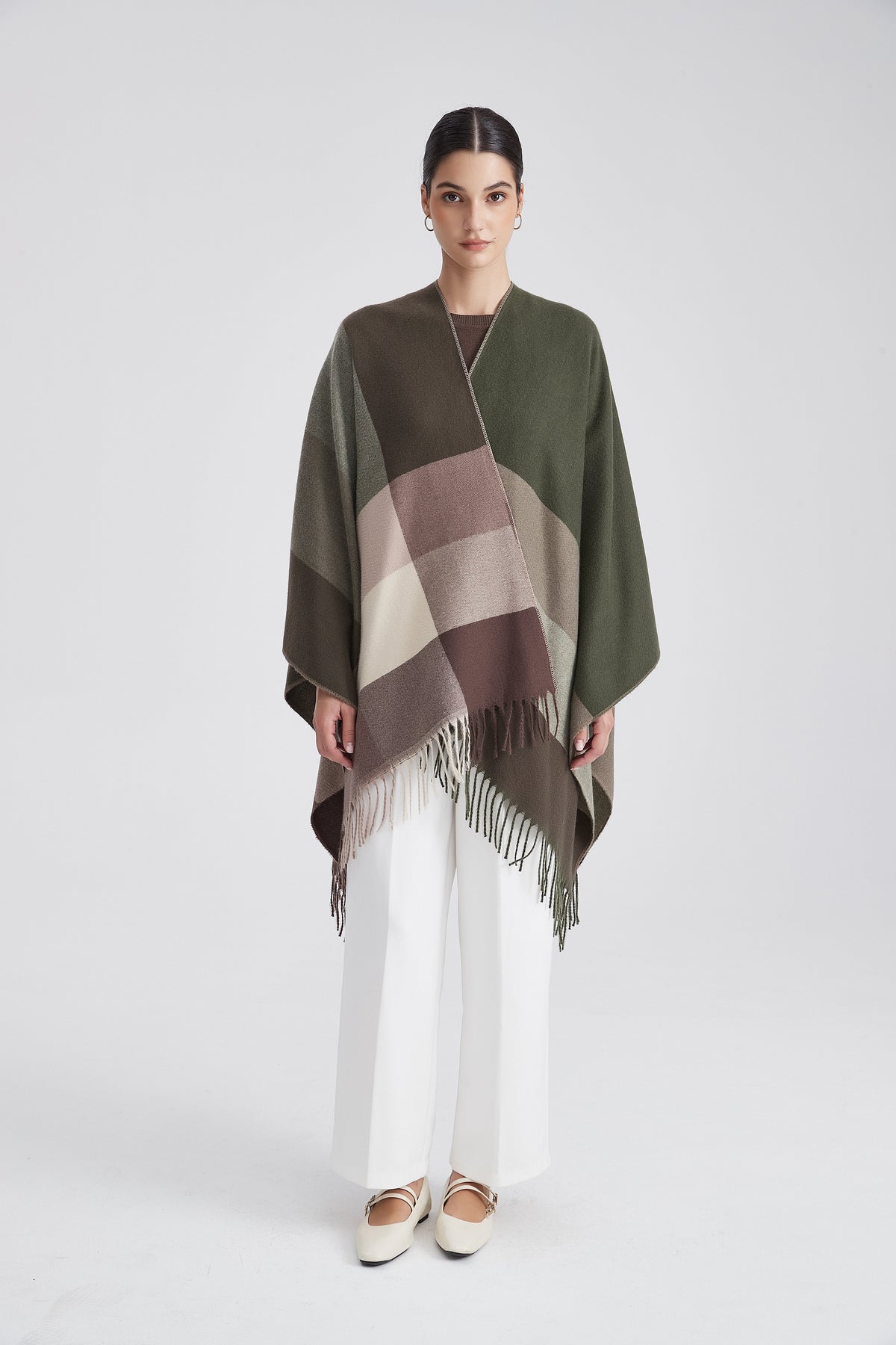Checked Poncho with Fringes