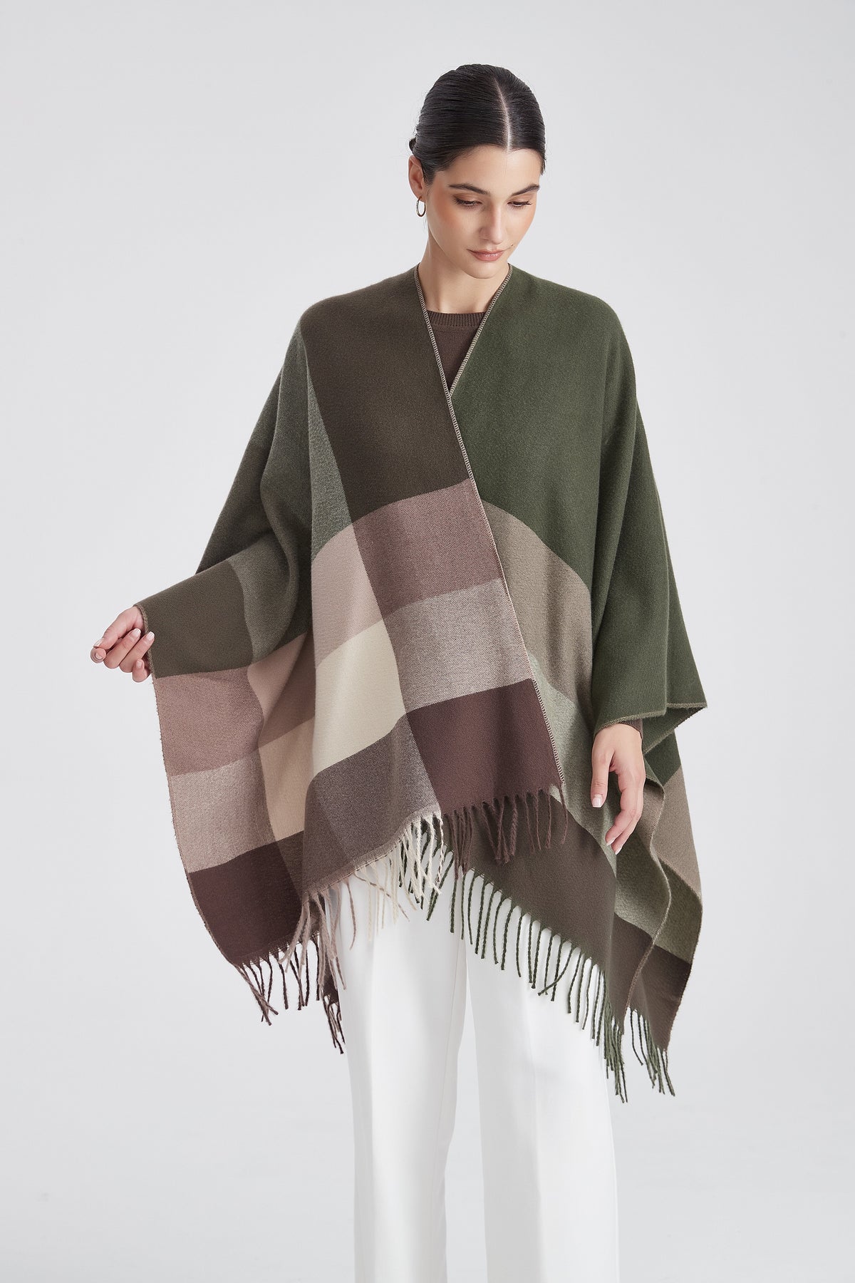 Checked Poncho with Fringes