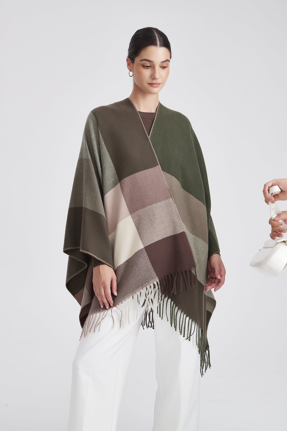 Checked Poncho with Fringes