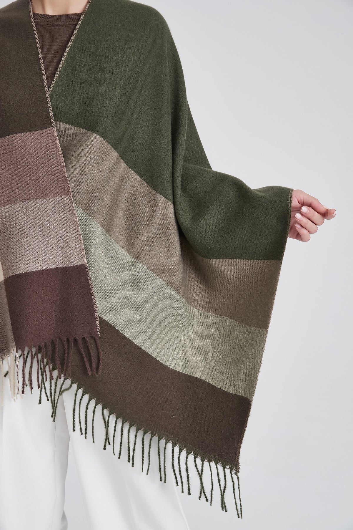 Checked Poncho with Fringes