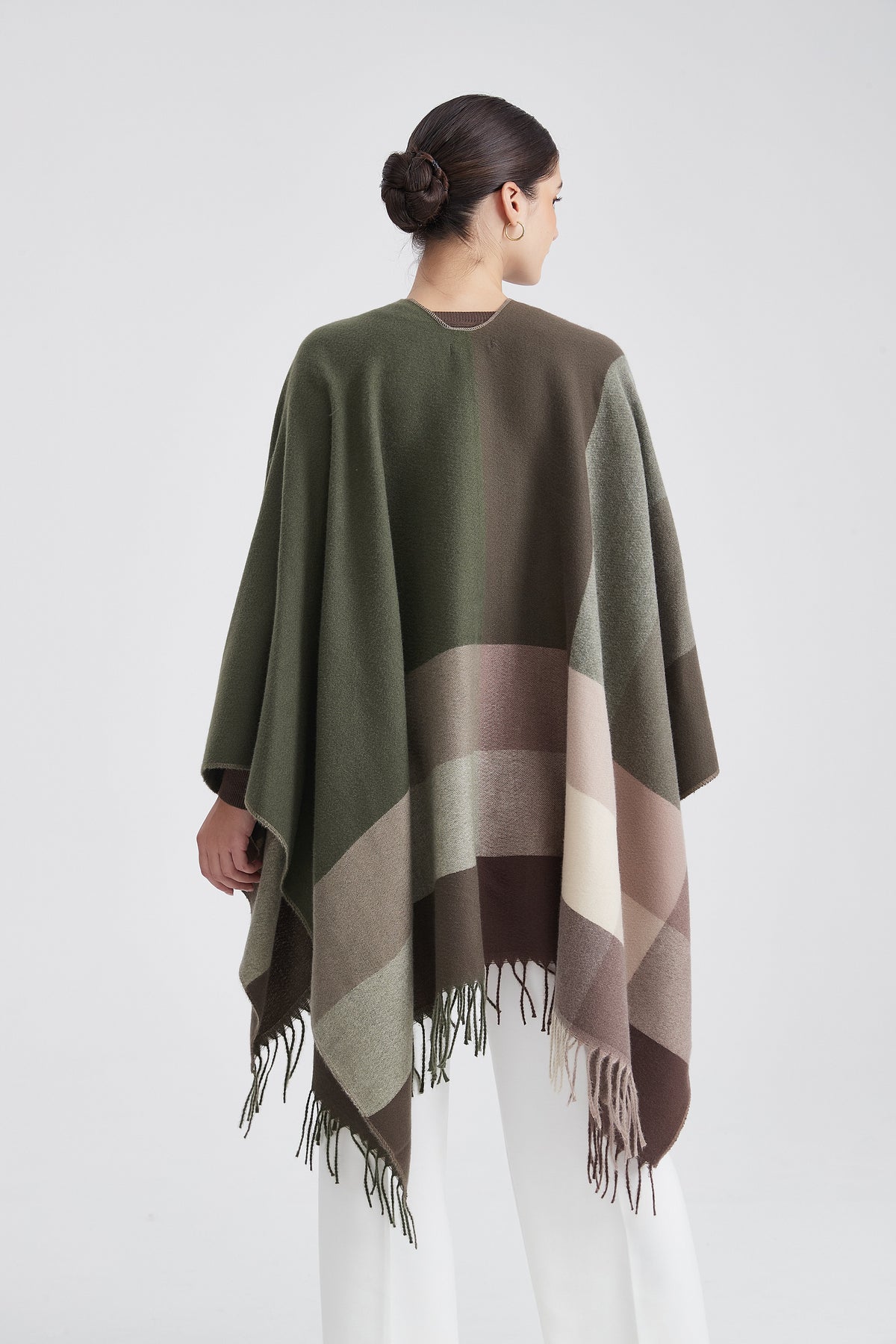 Checked Poncho with Fringes