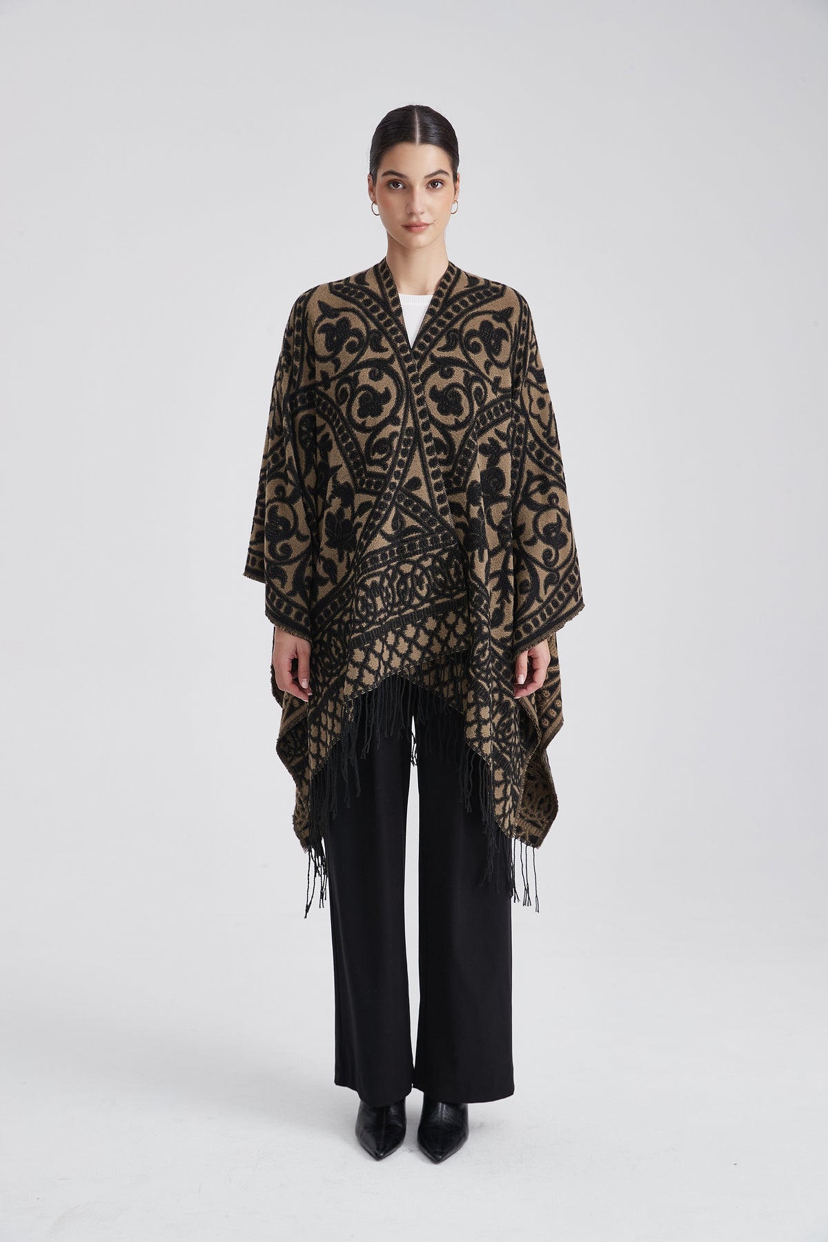 Patterned Poncho with Fringes