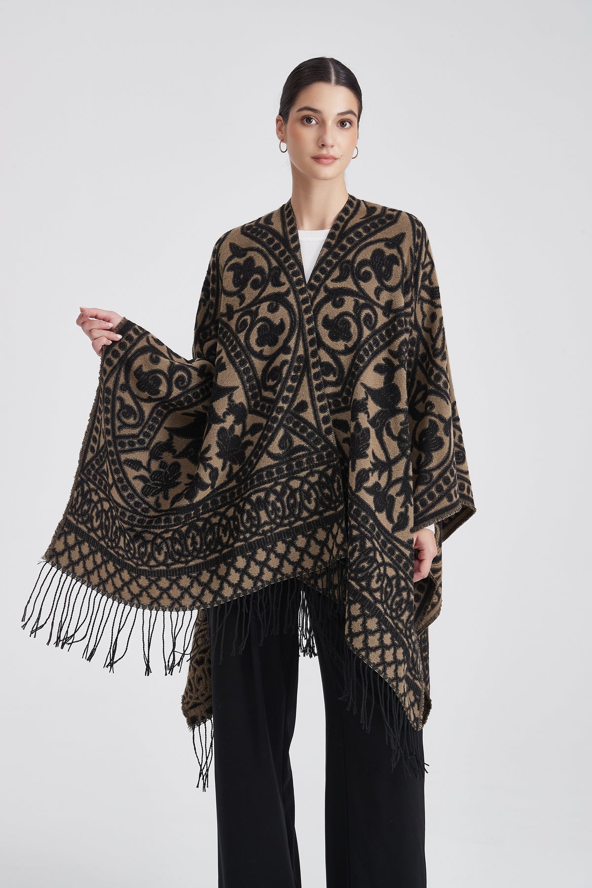 Patterned Poncho with Fringes