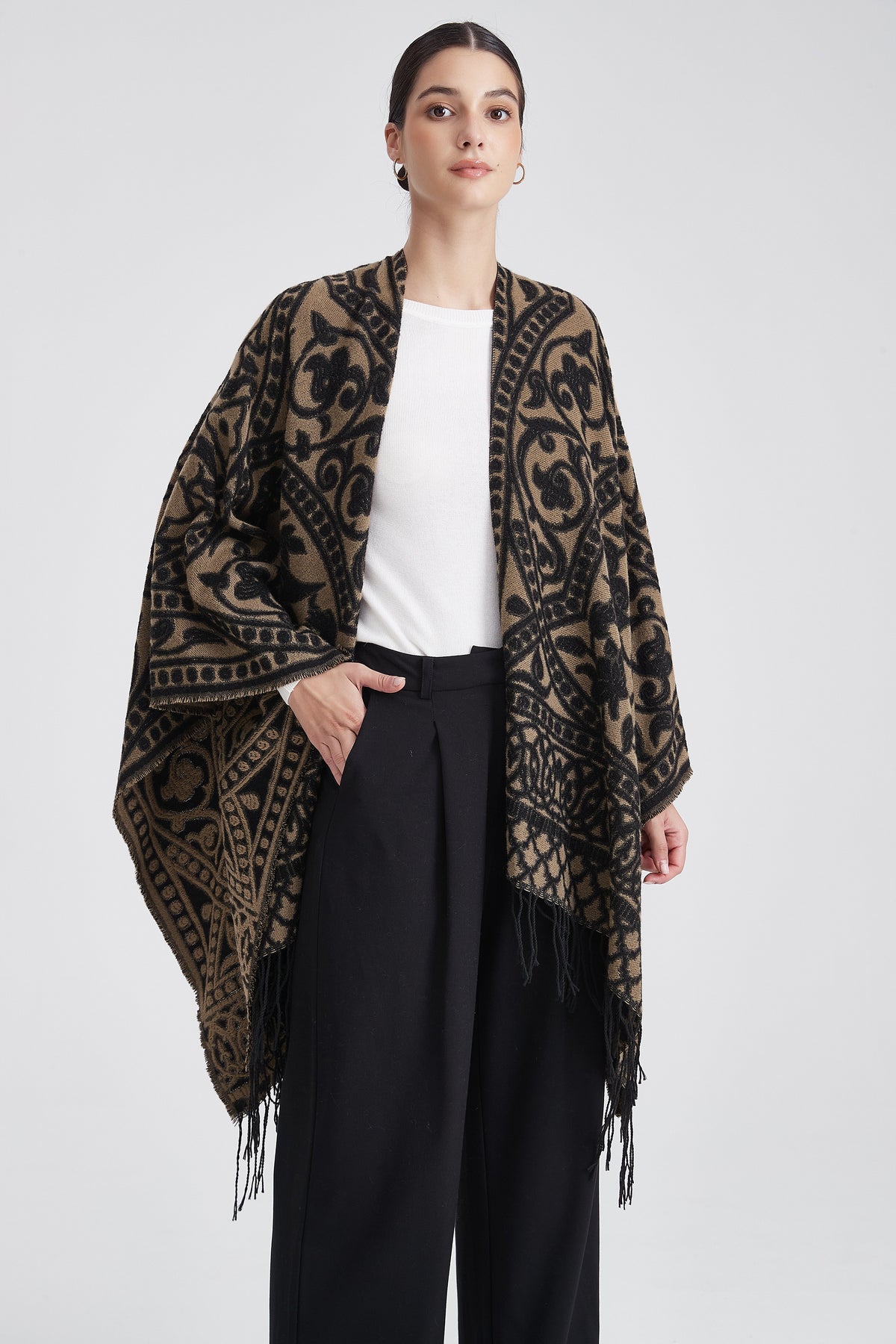 Patterned Poncho with Fringes