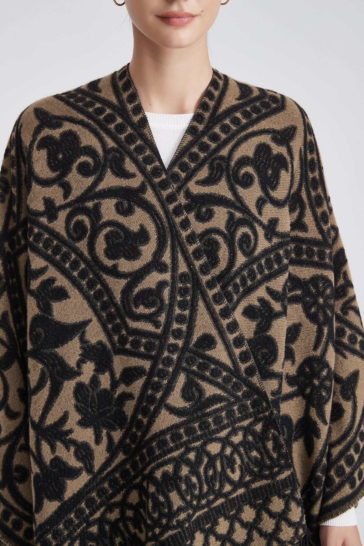 Patterned Poncho with Fringes