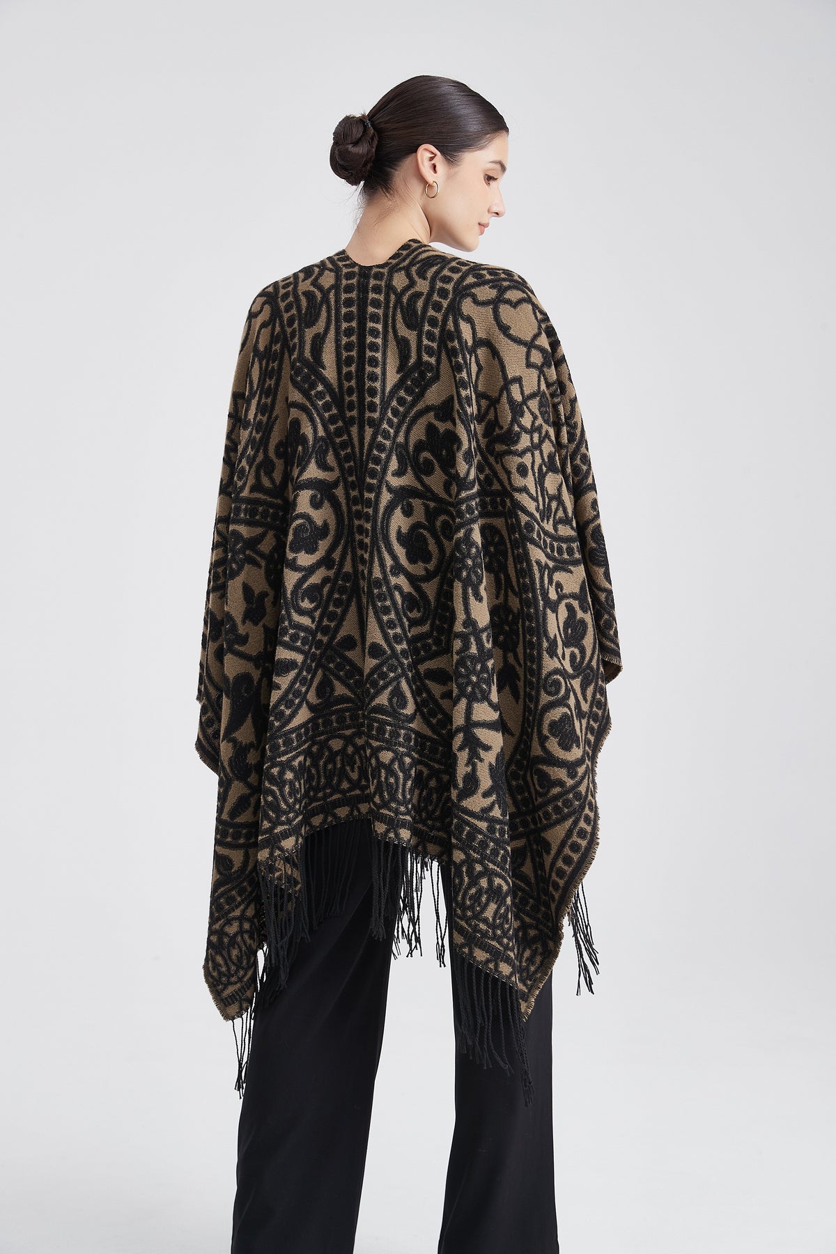 Patterned Poncho with Fringes