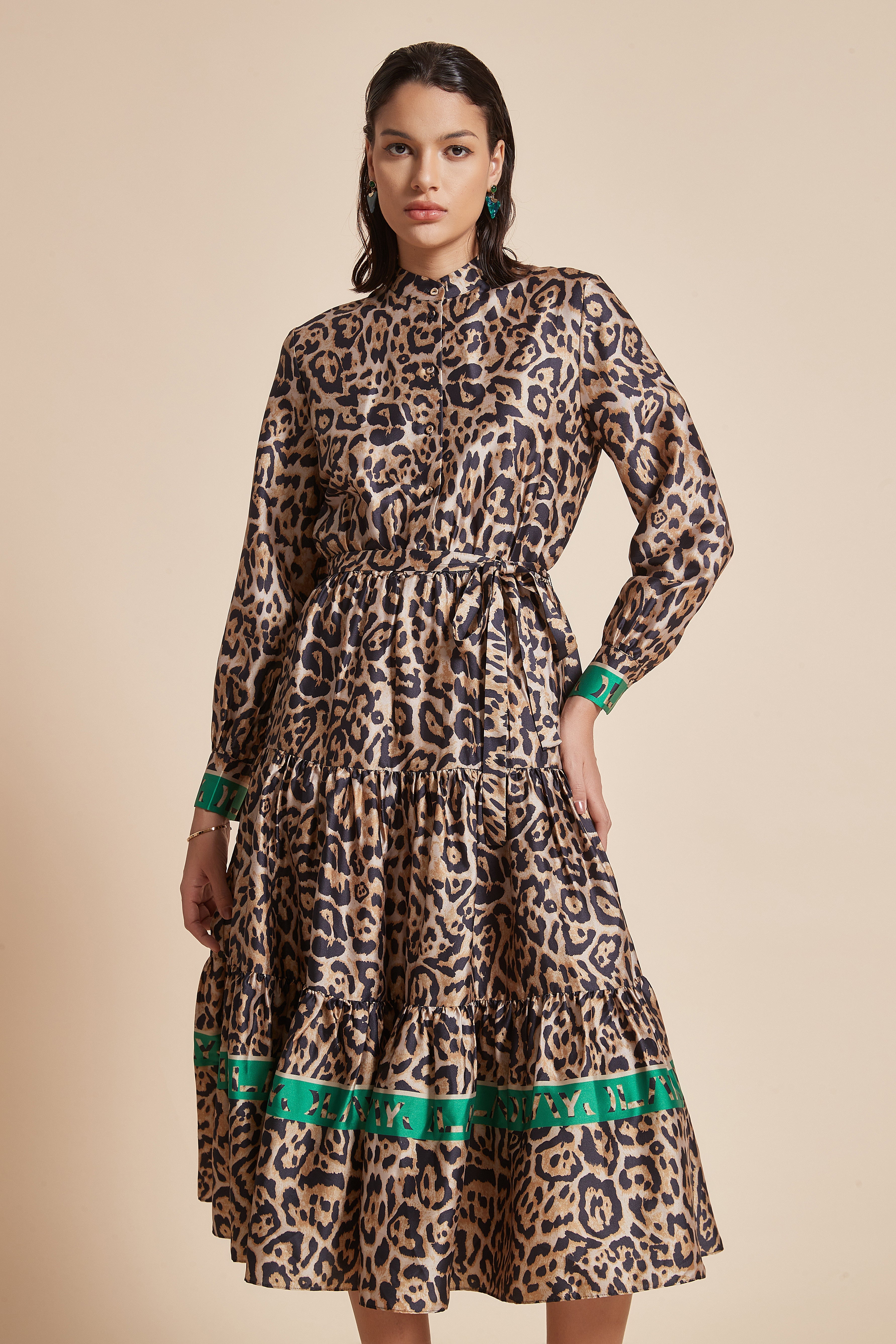 Chic Leopard Print Midi Dress with Long Sleeves