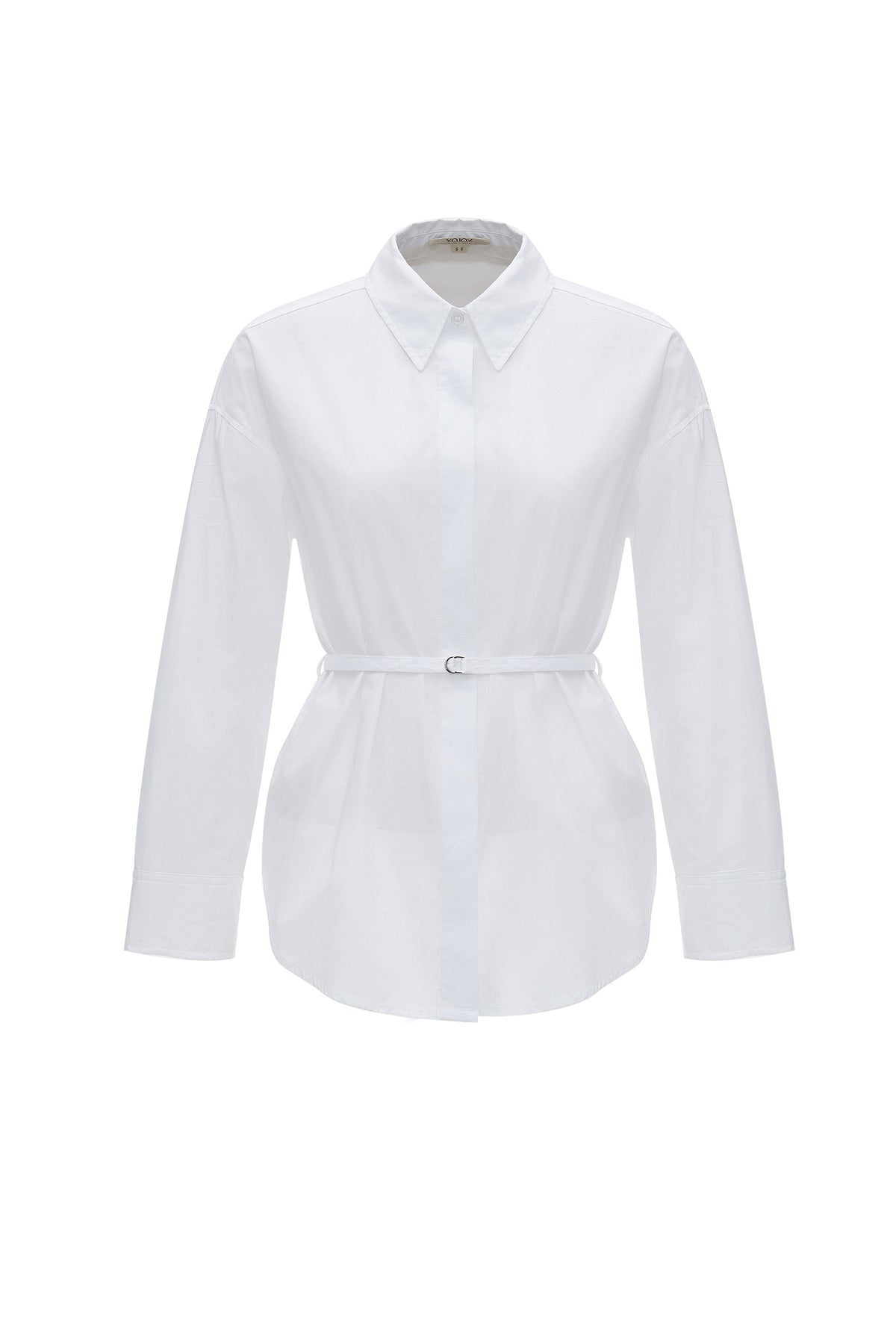 Plain Long-Sleeve Shirt with Waist Belt