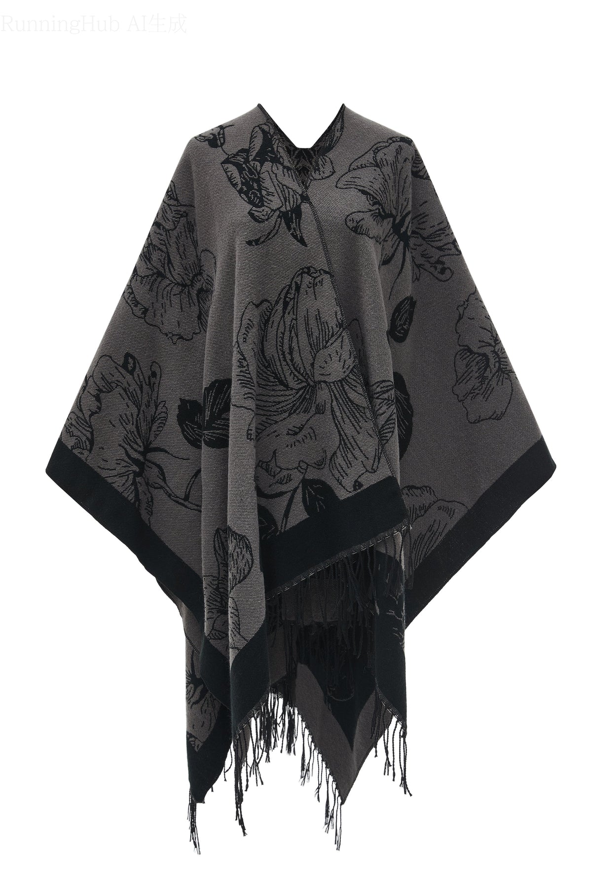 Long Patterned Poncho with Floral Print