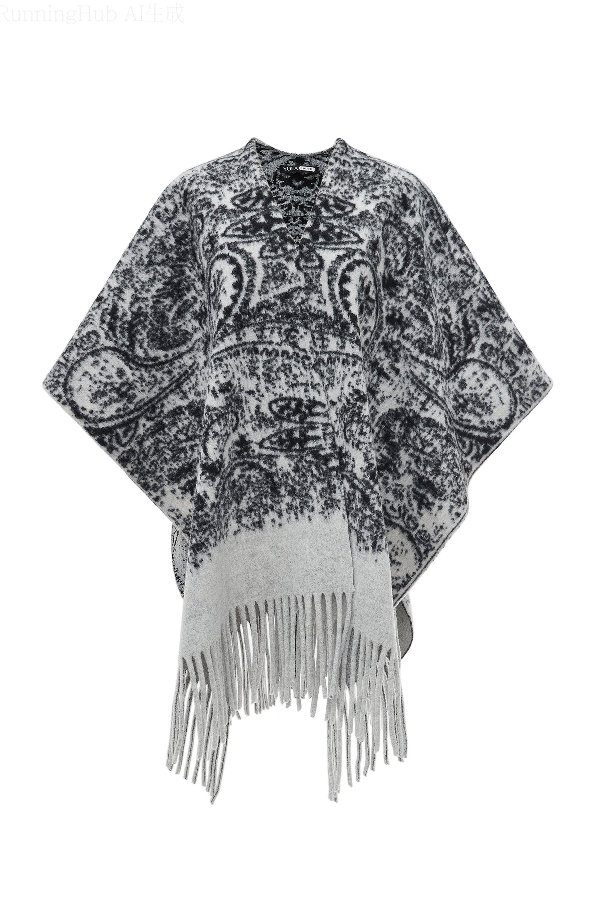 Long Patterned Poncho with Fringes
