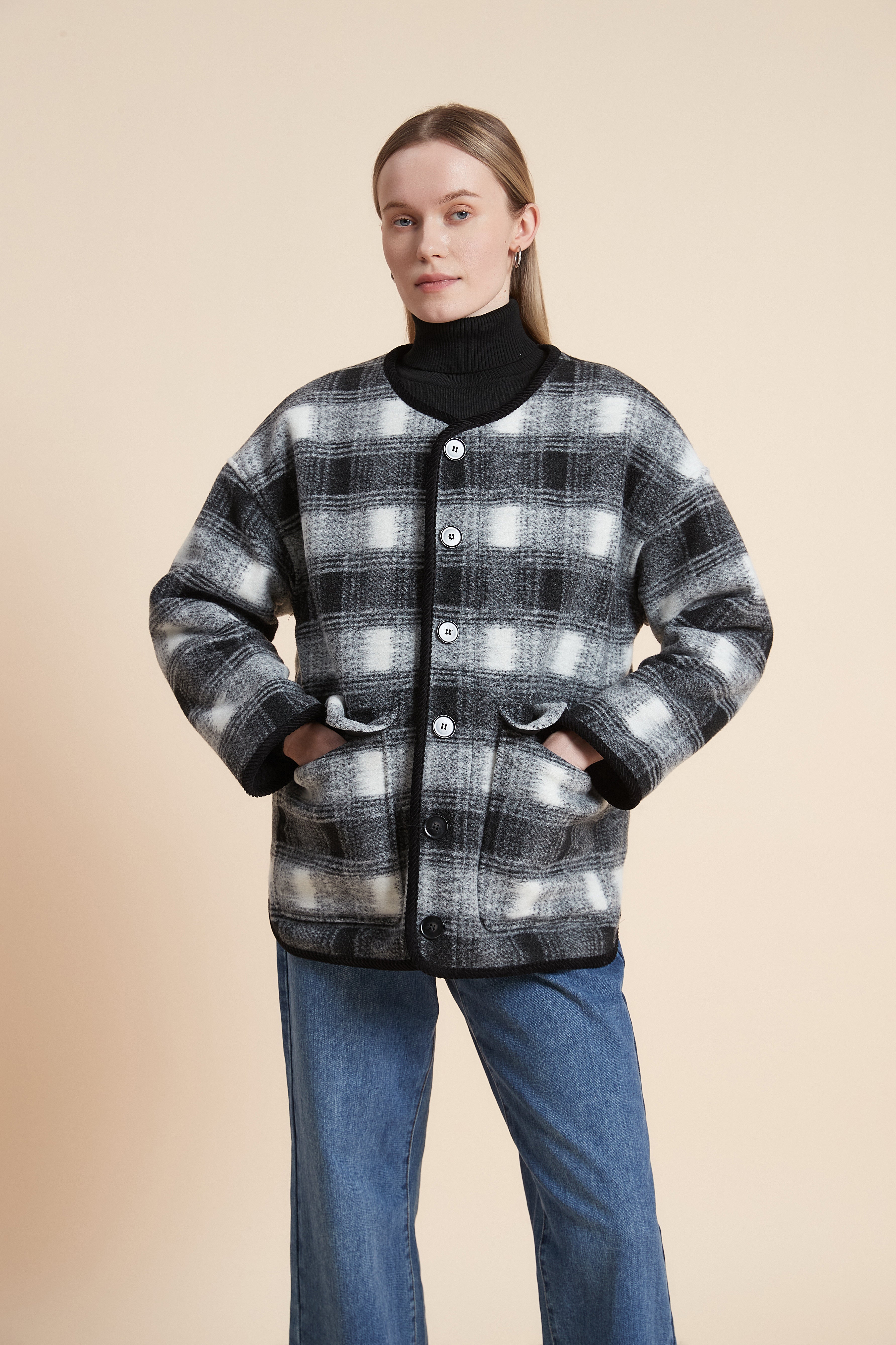 Plain Long Sleeve Plaid Jacket