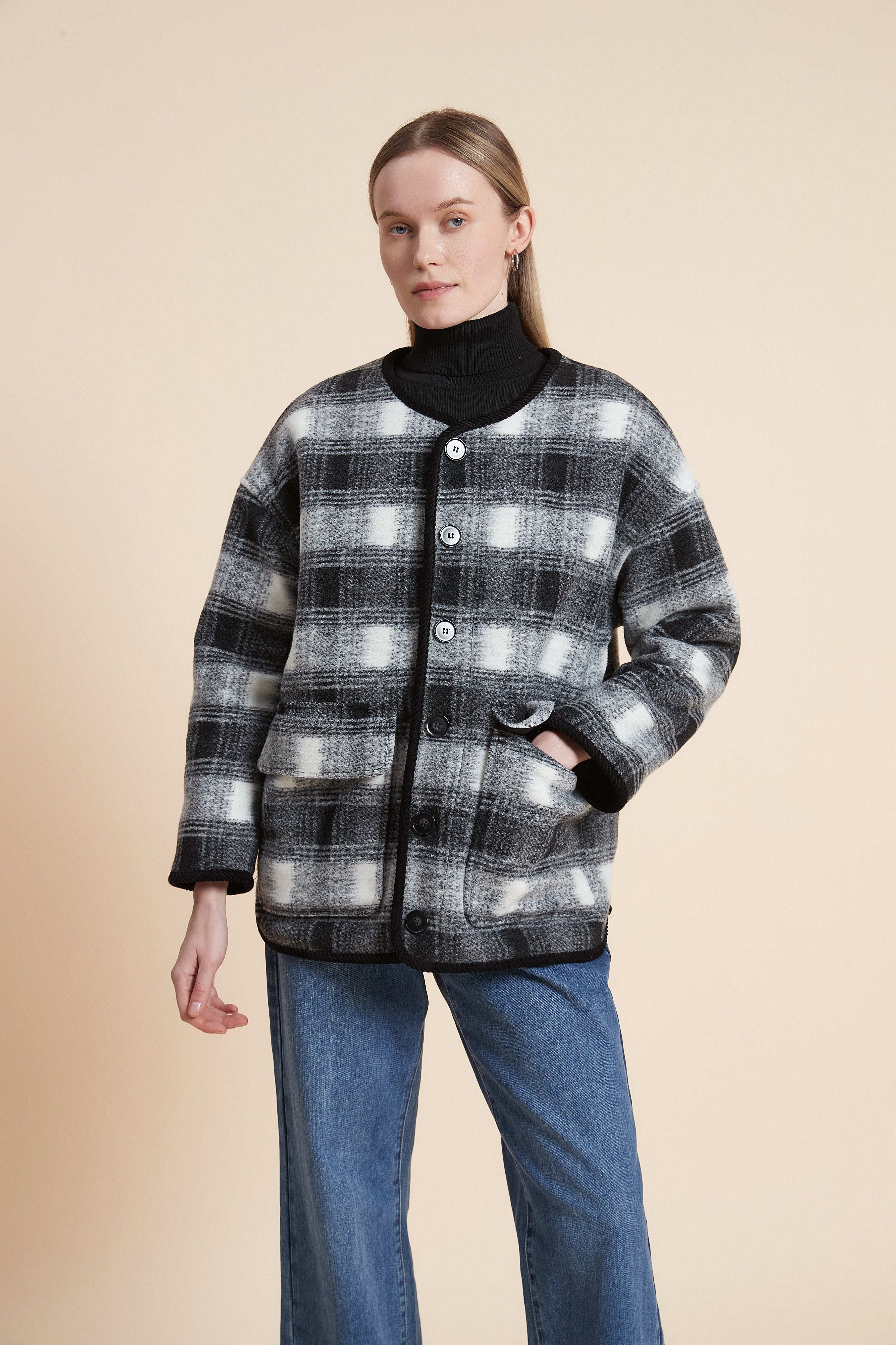 Plain Long Sleeve Plaid Jacket