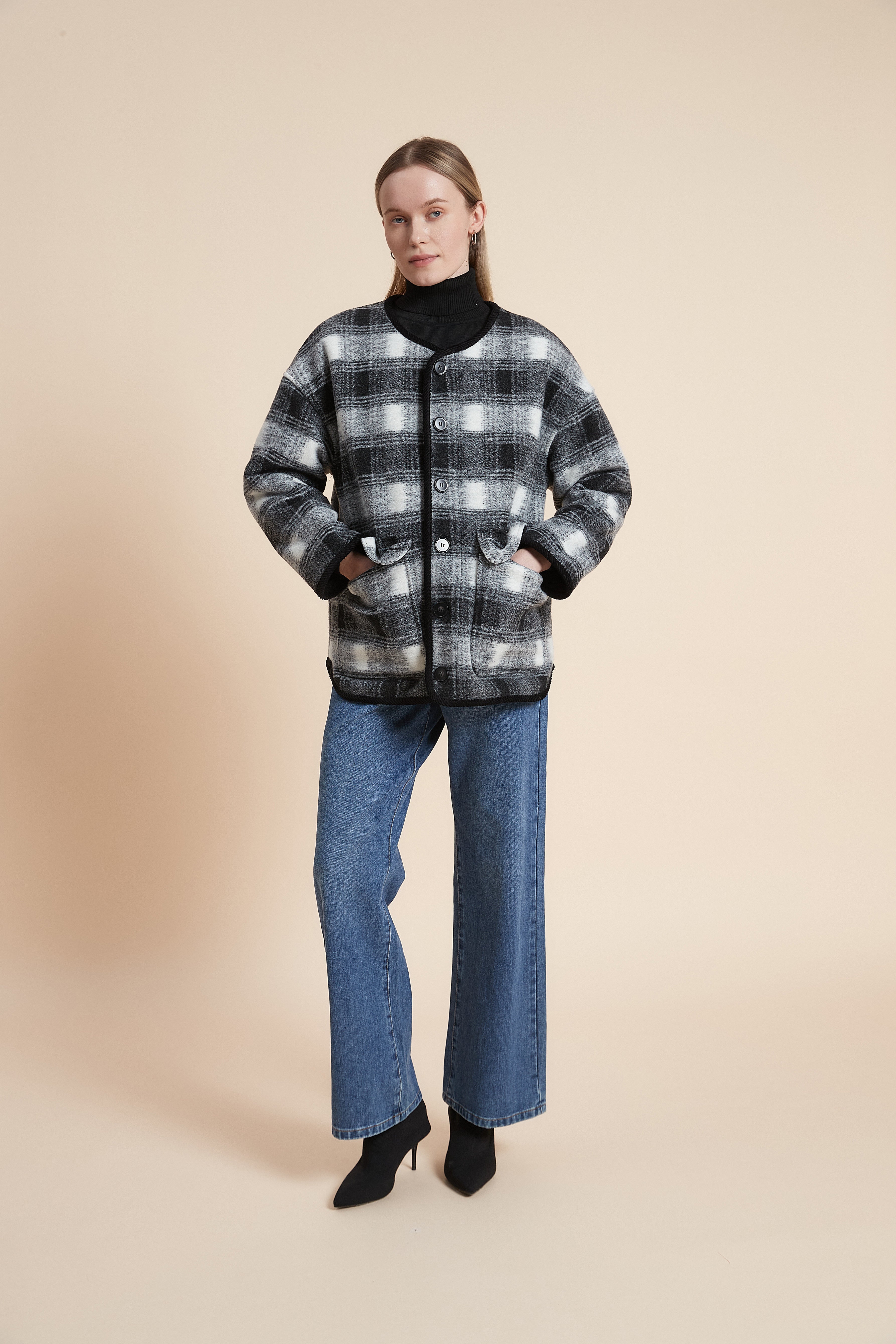 Plain Long Sleeve Plaid Jacket