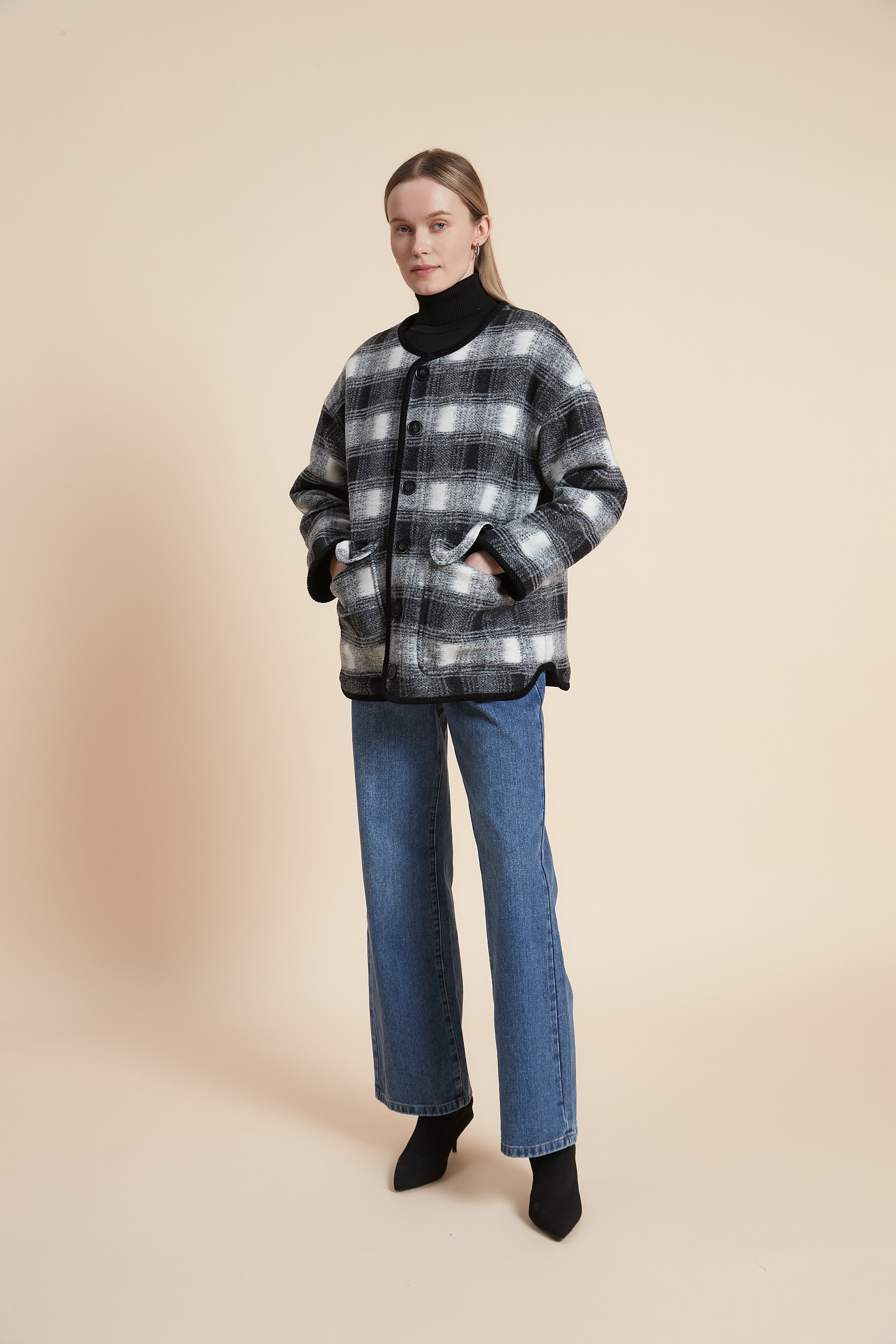 Plain Long Sleeve Plaid Jacket