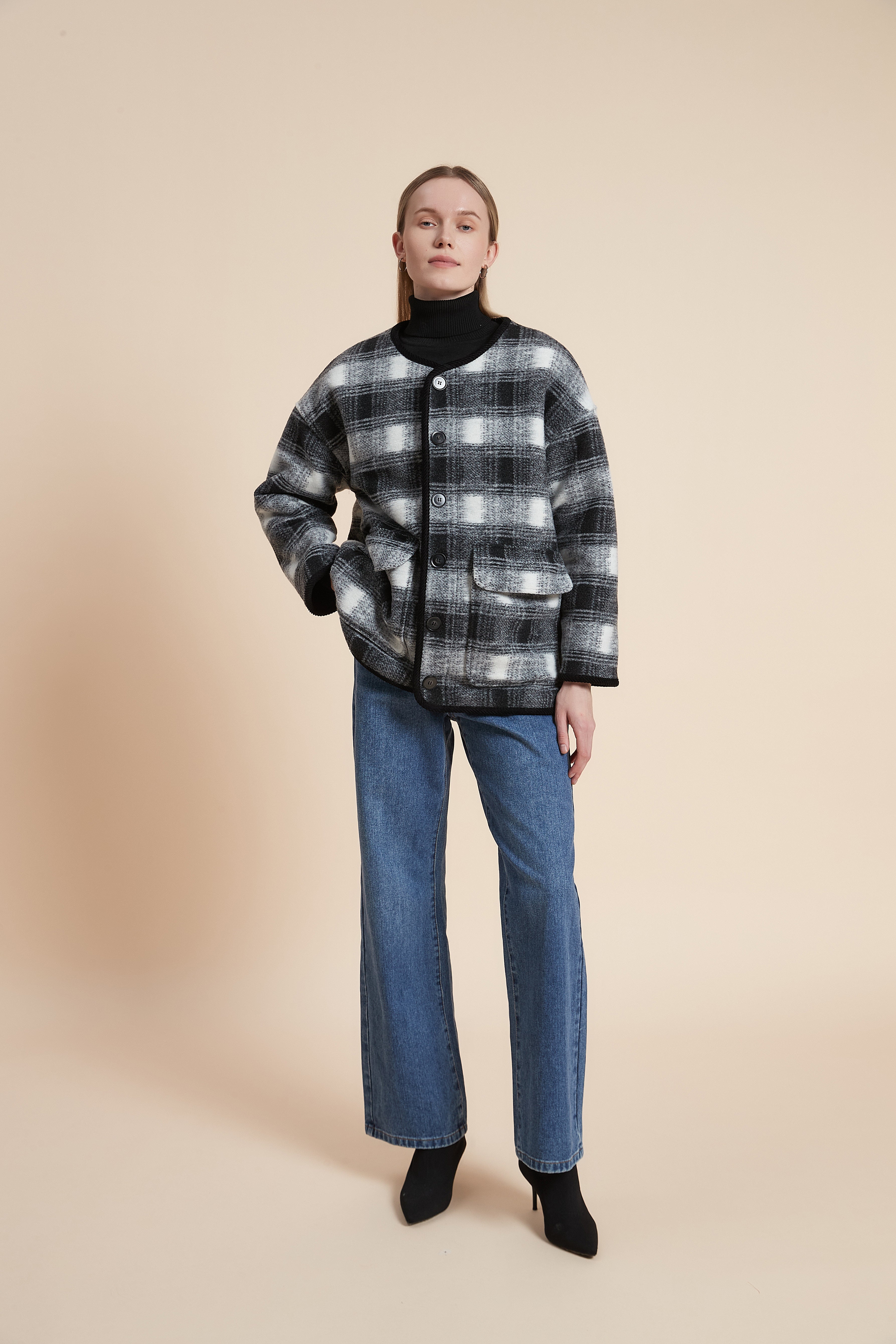 Plain Long Sleeve Plaid Jacket