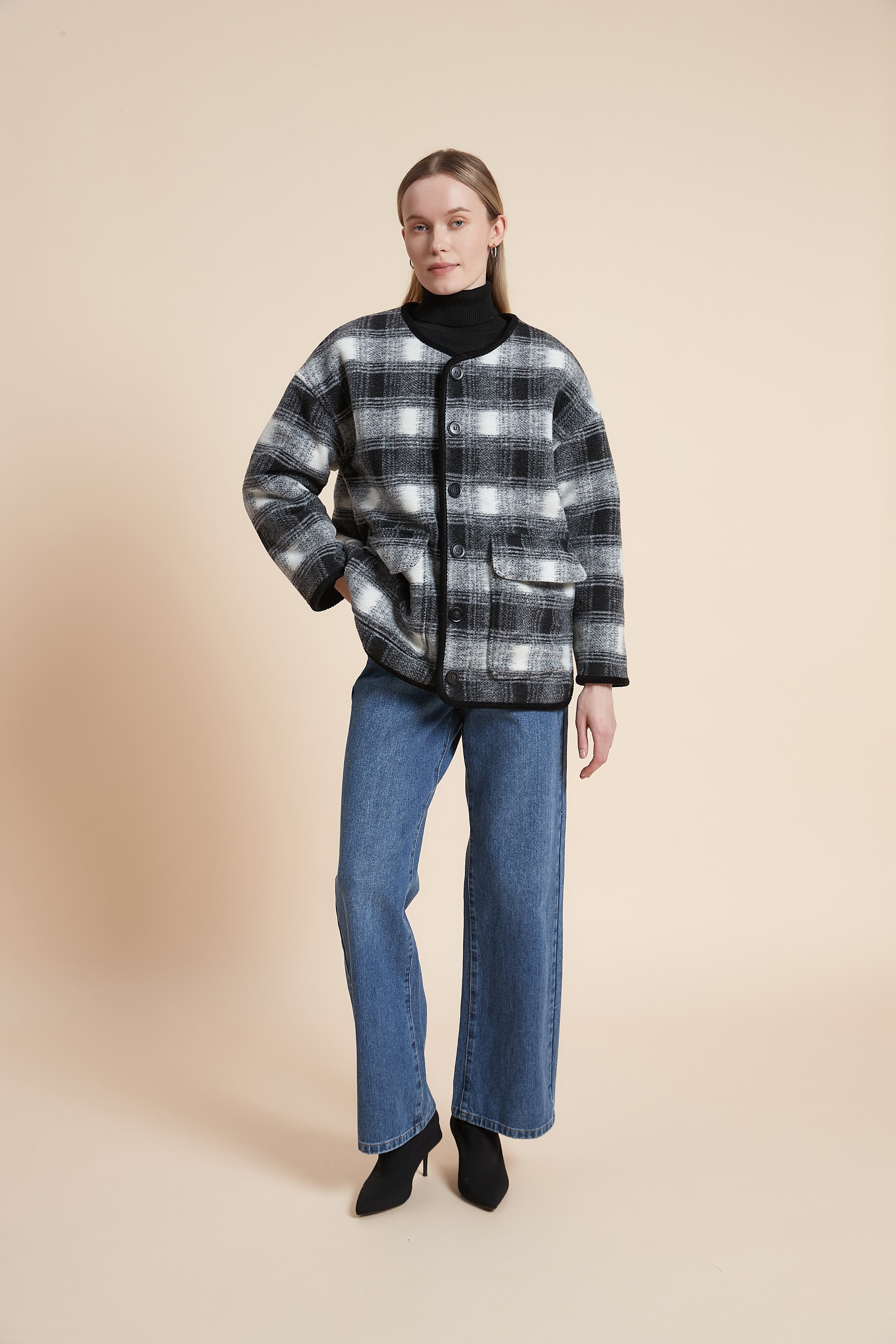 Plain Long Sleeve Plaid Jacket