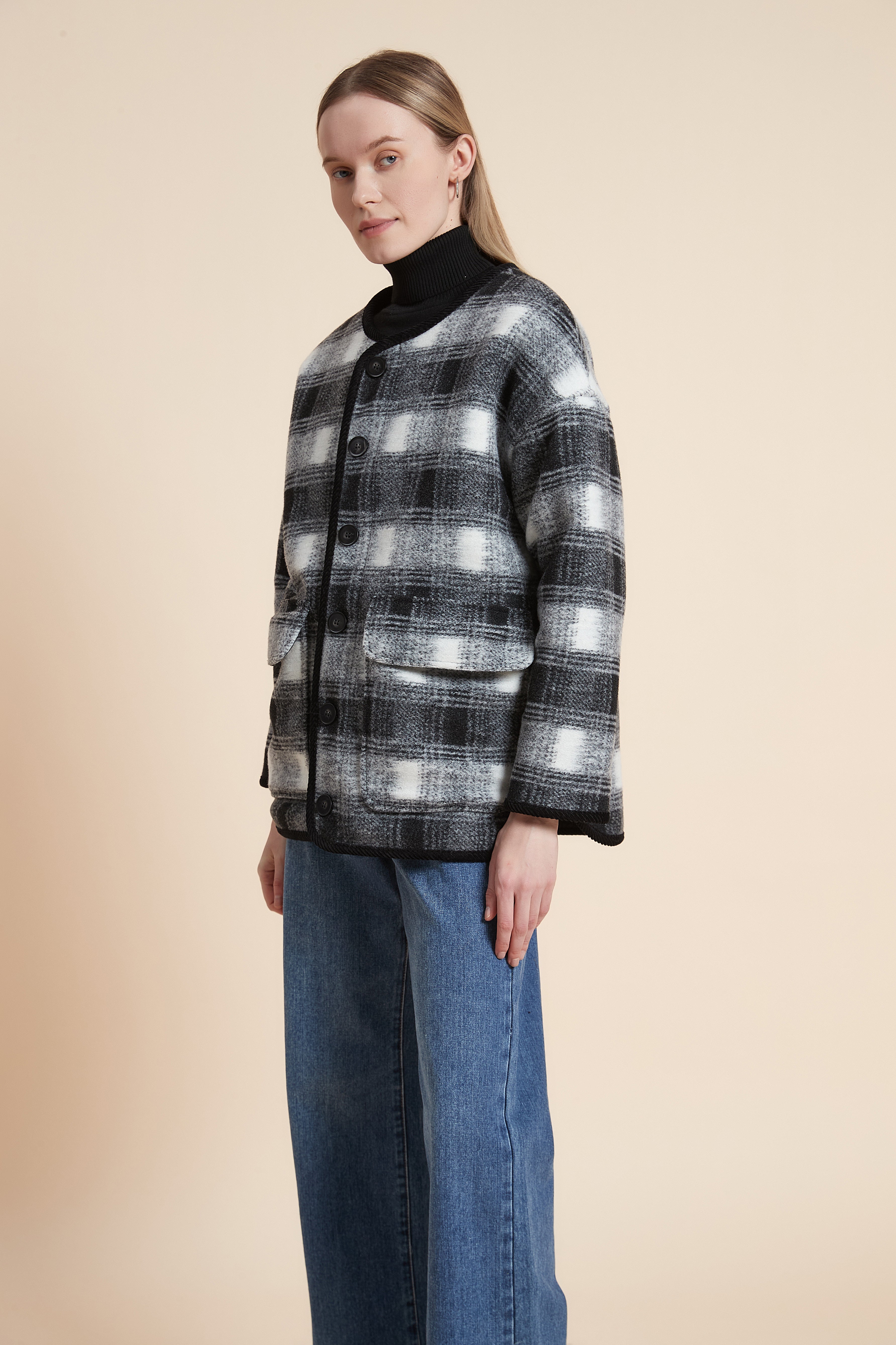 Plain Long Sleeve Plaid Jacket