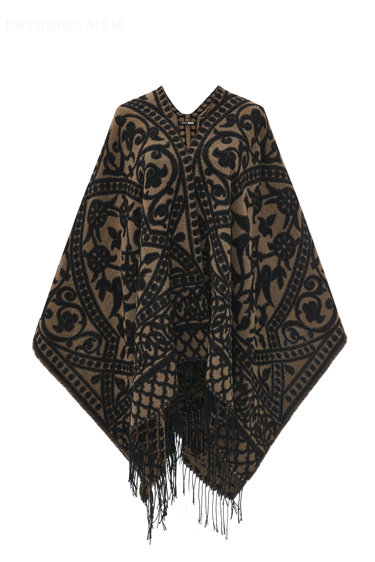 Patterned Poncho with Fringes