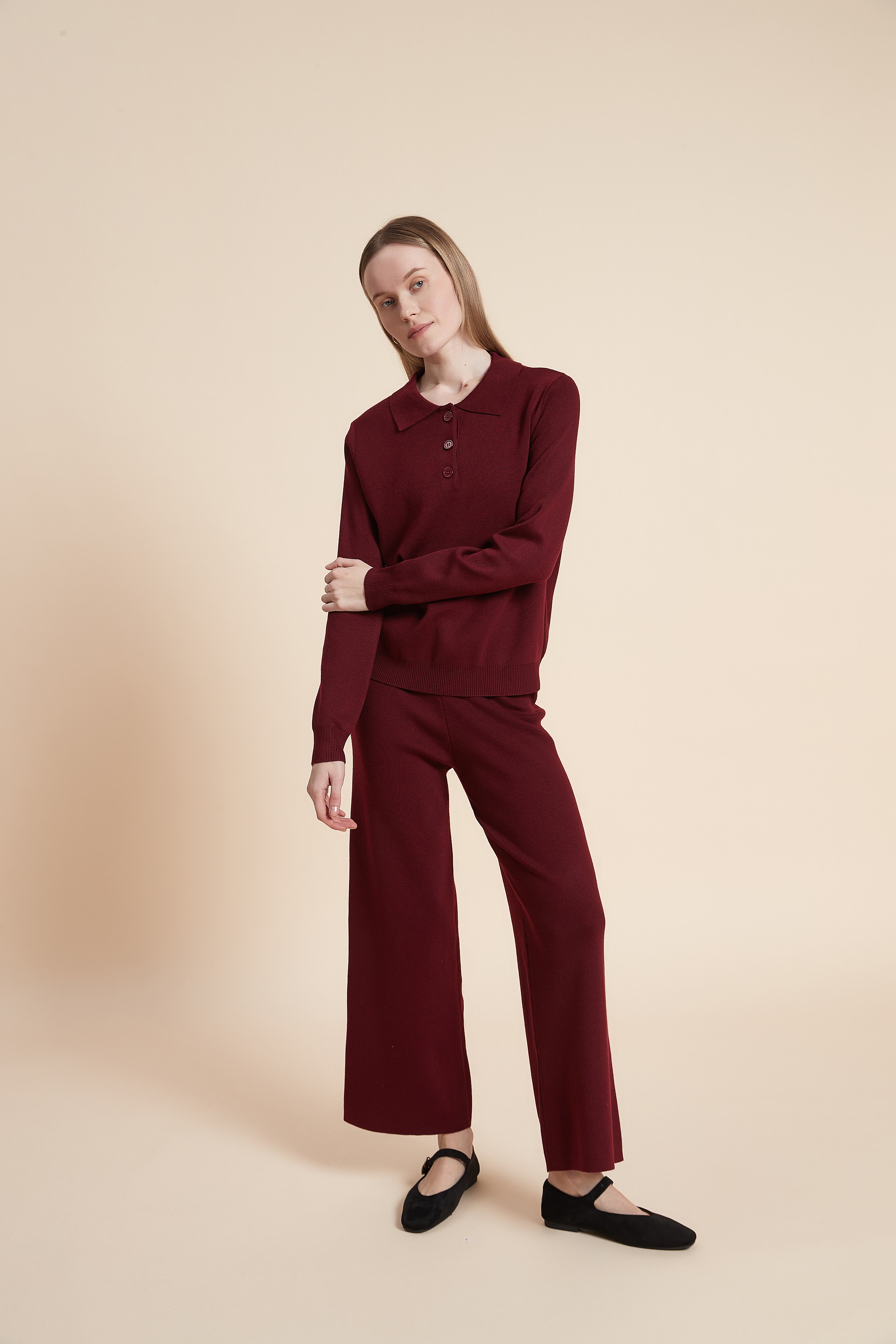 Long sleeve knit polo collar top