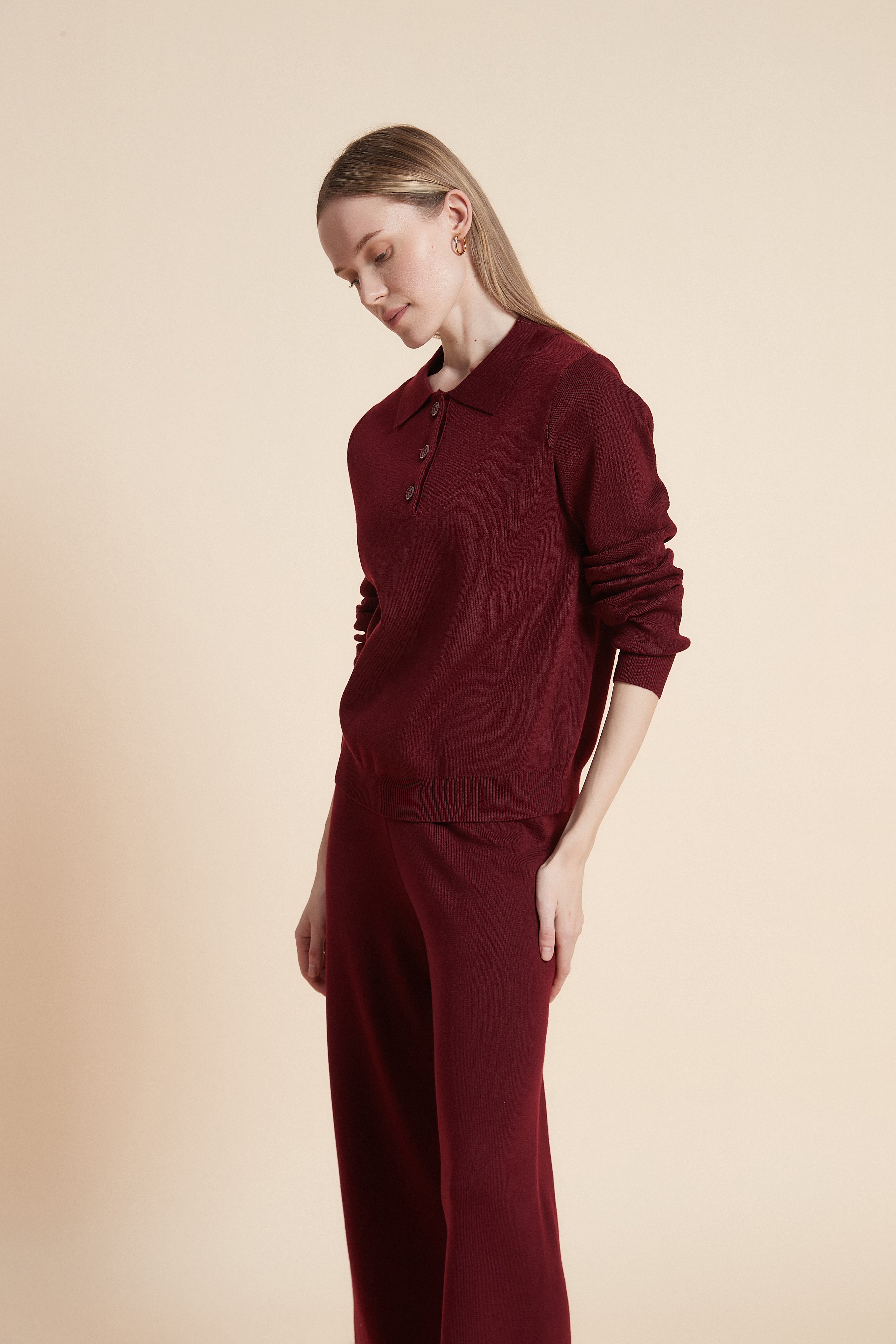 Long sleeve knit polo collar top