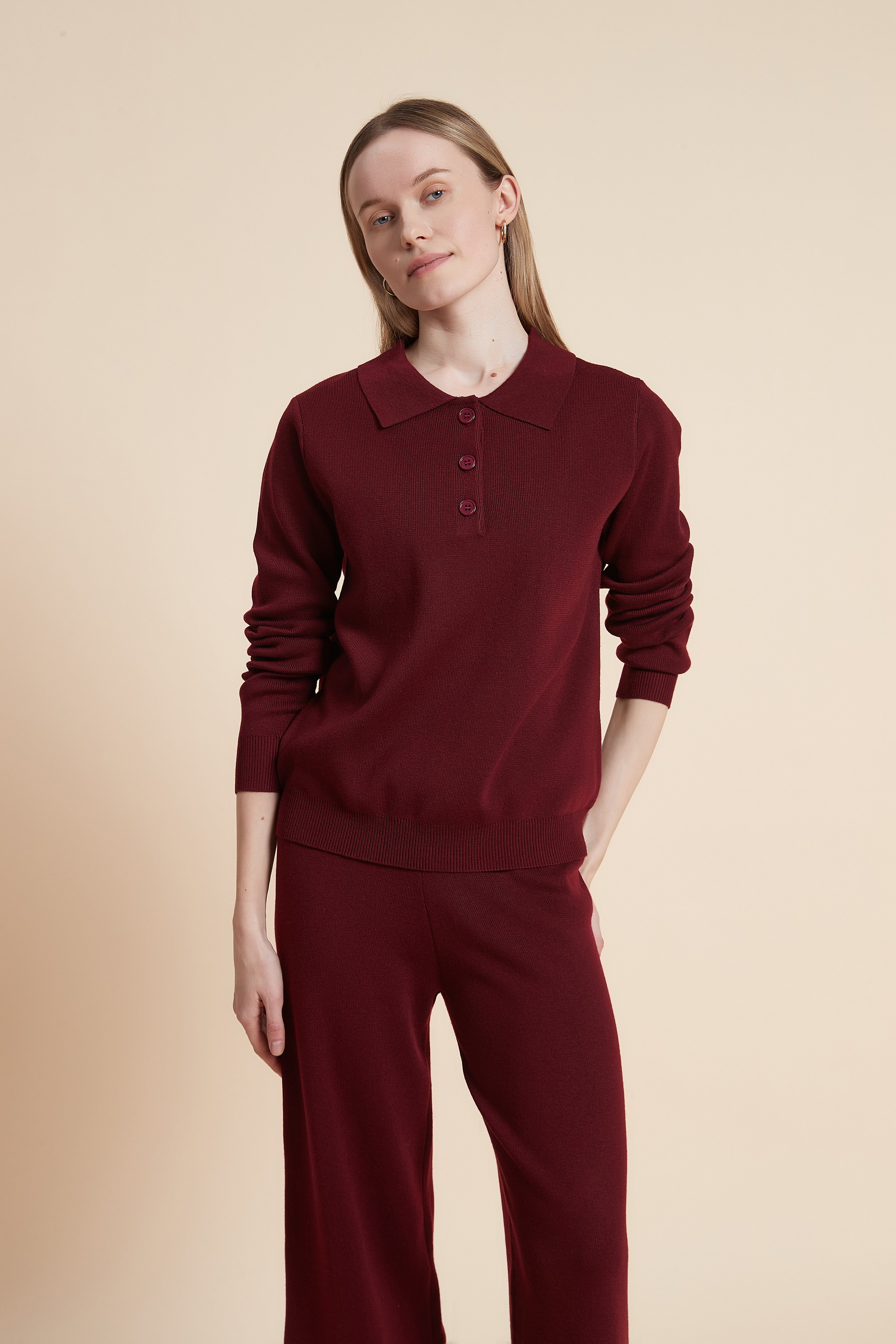 Long sleeve knit polo collar top