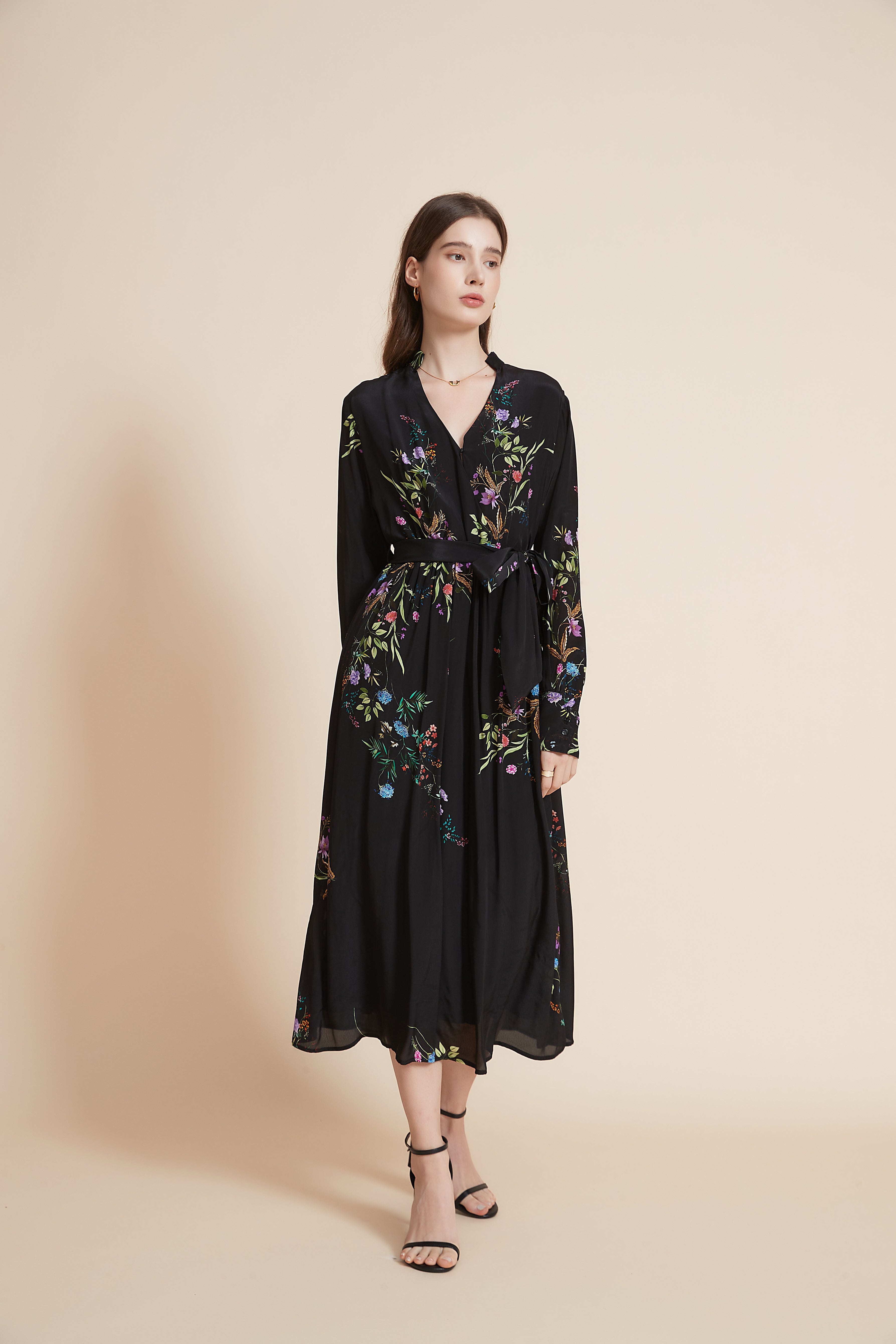 Midi Dress With Long Sleeves And High Waist Belt