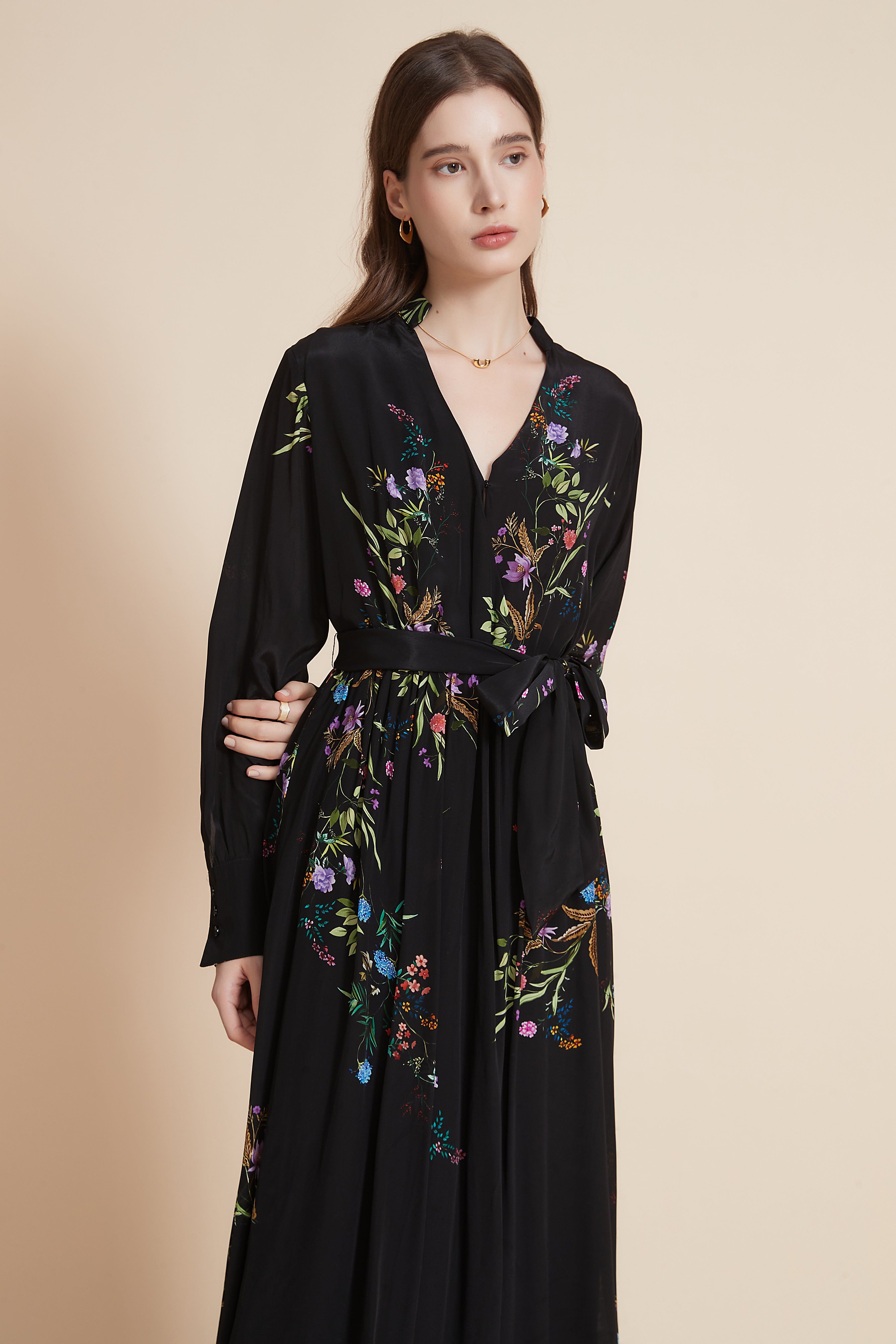 Midi Dress With Long Sleeves And High Waist Belt