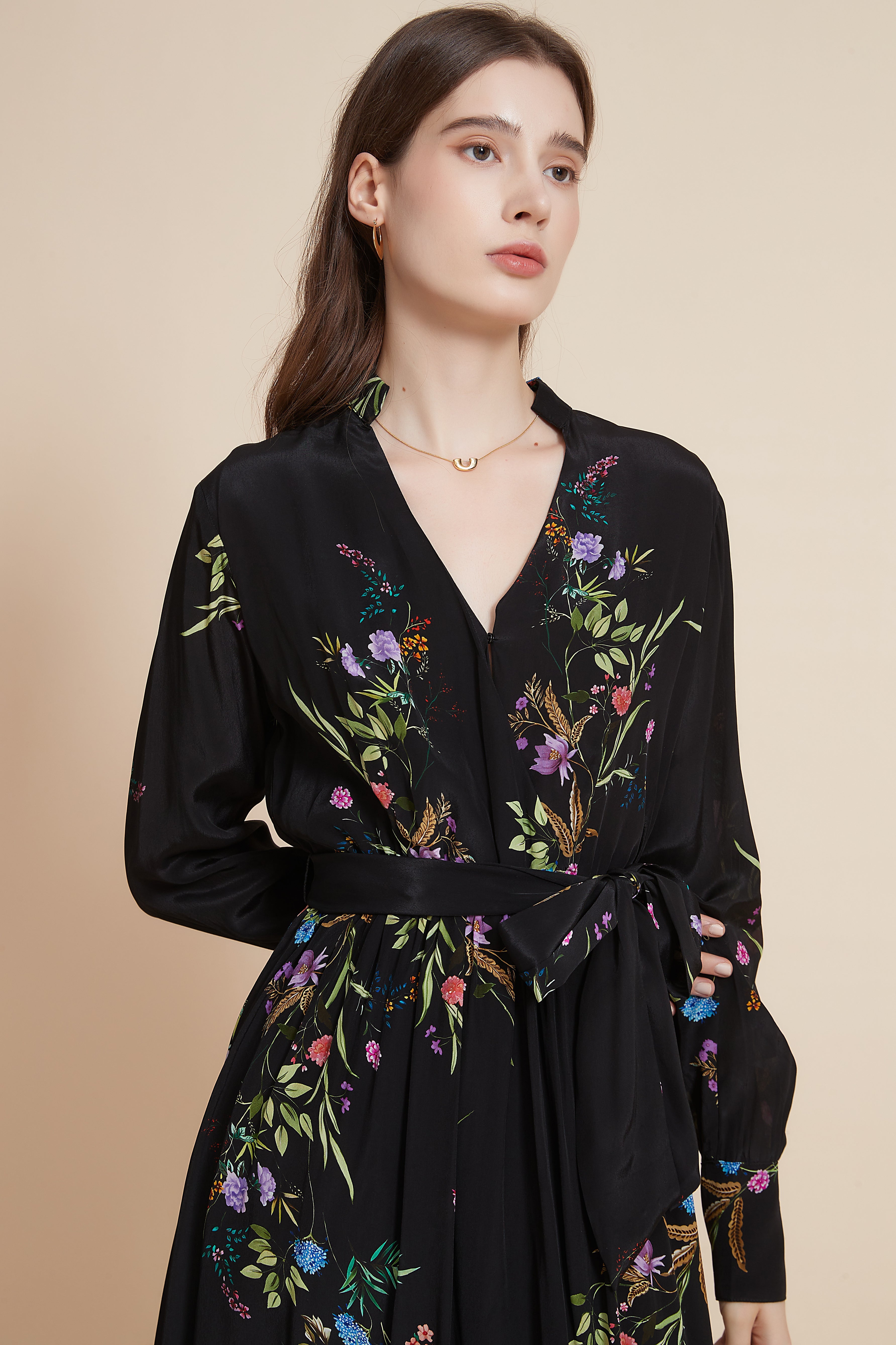 Midi Dress With Long Sleeves And High Waist Belt