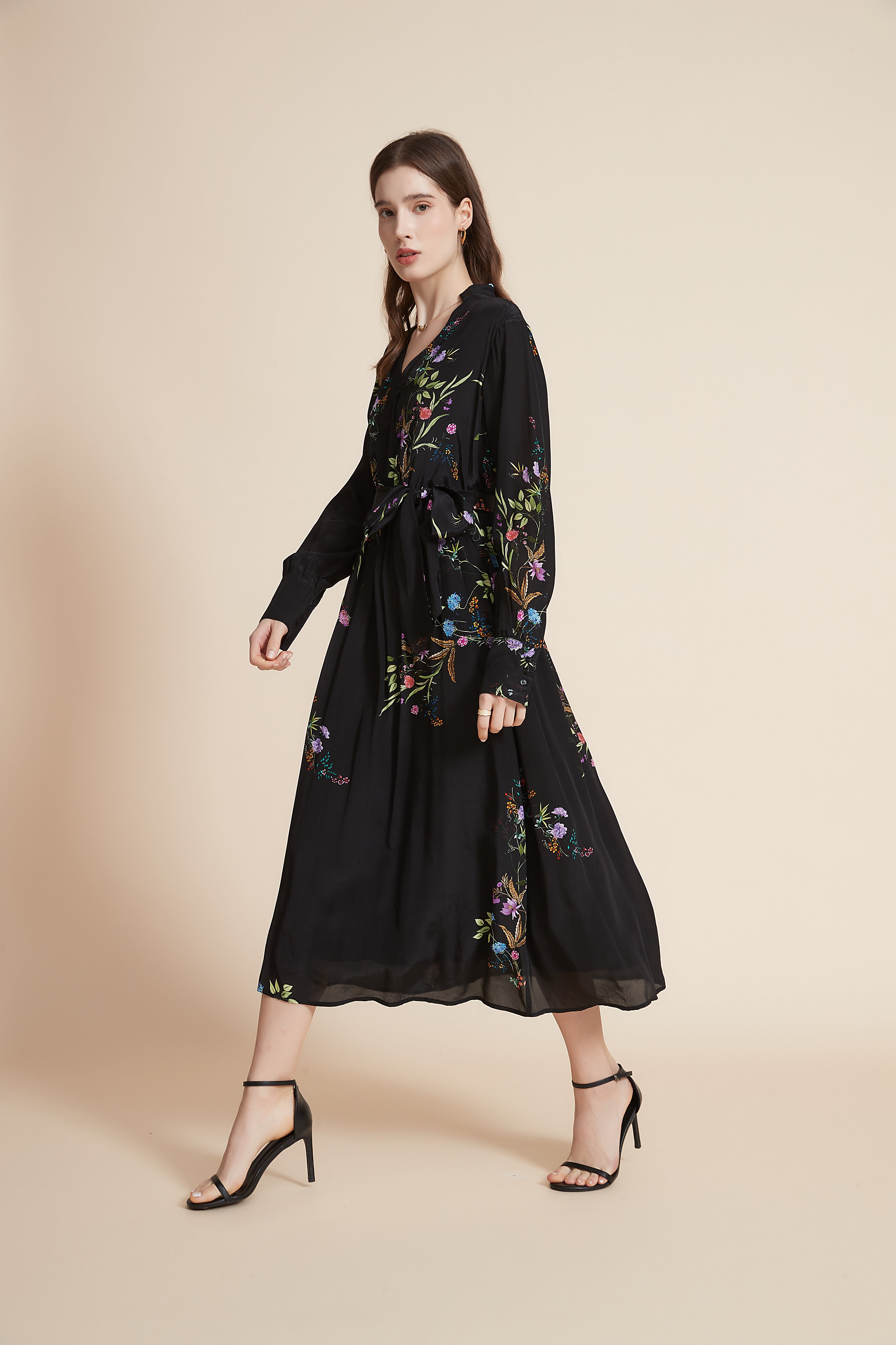 Yola Midi Dress with Long Sleeves and High Waist Belt