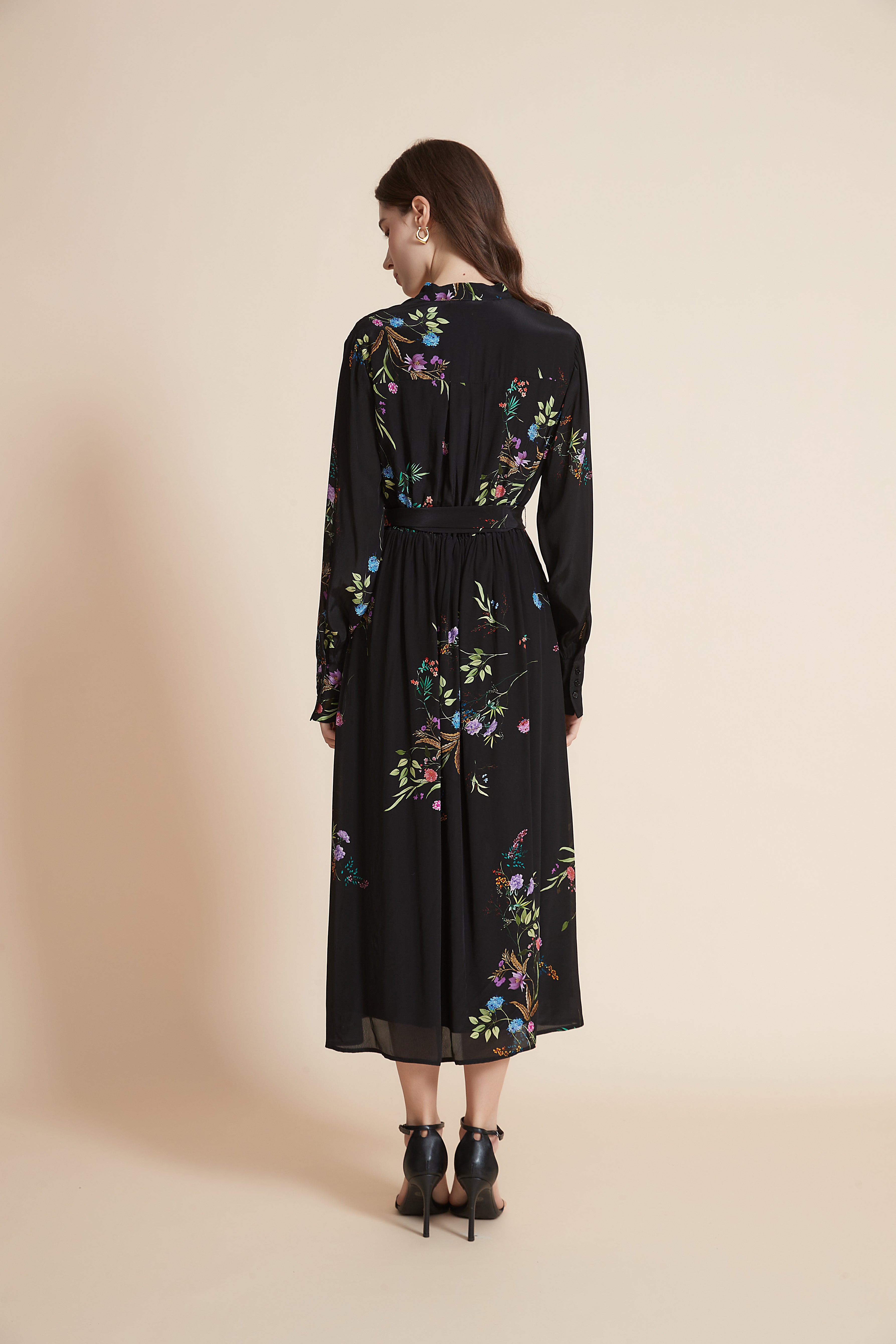 Yola Midi Dress with Long Sleeves and High Waist Belt