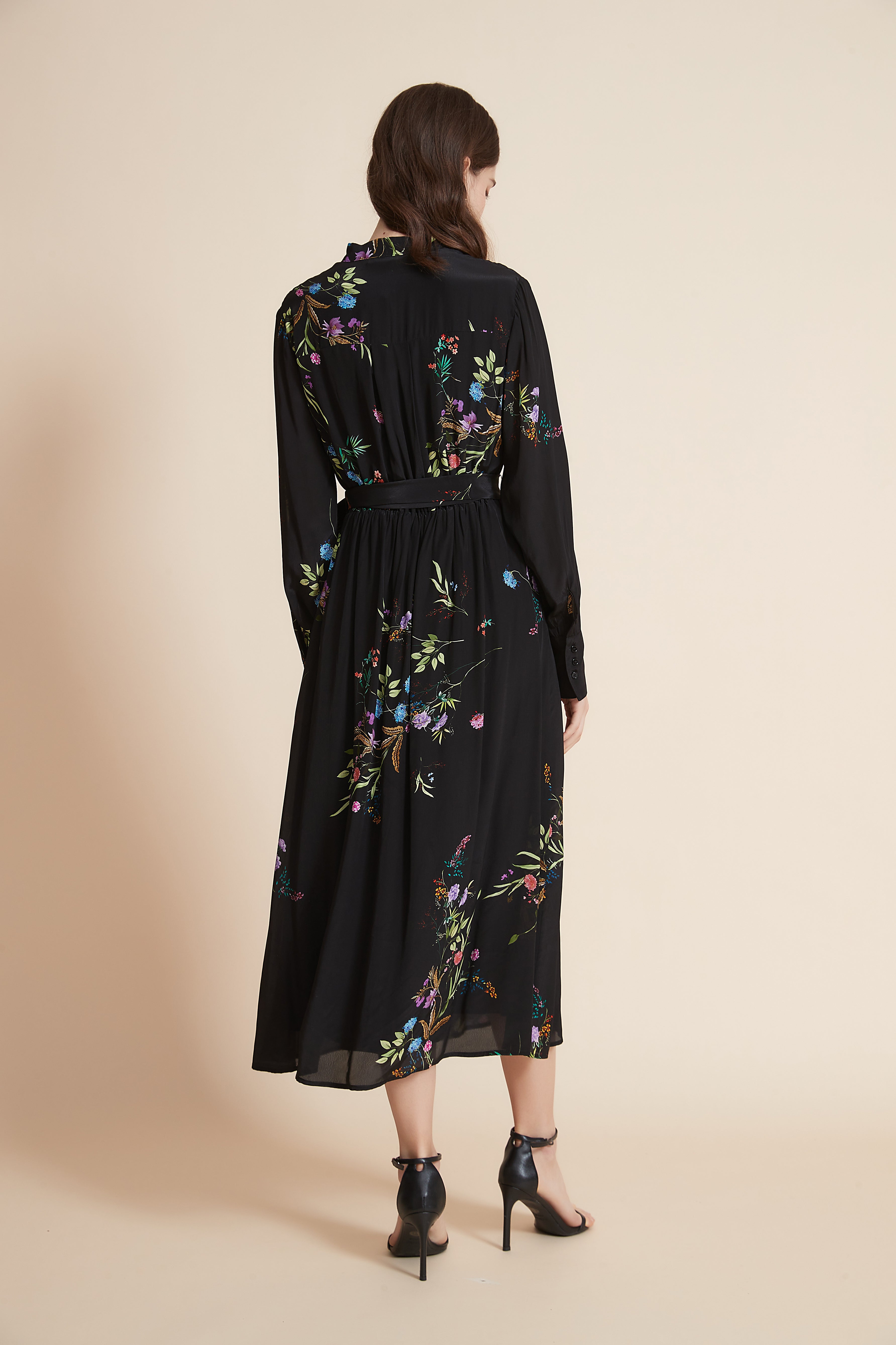 Midi Dress With Long Sleeves And High Waist Belt
