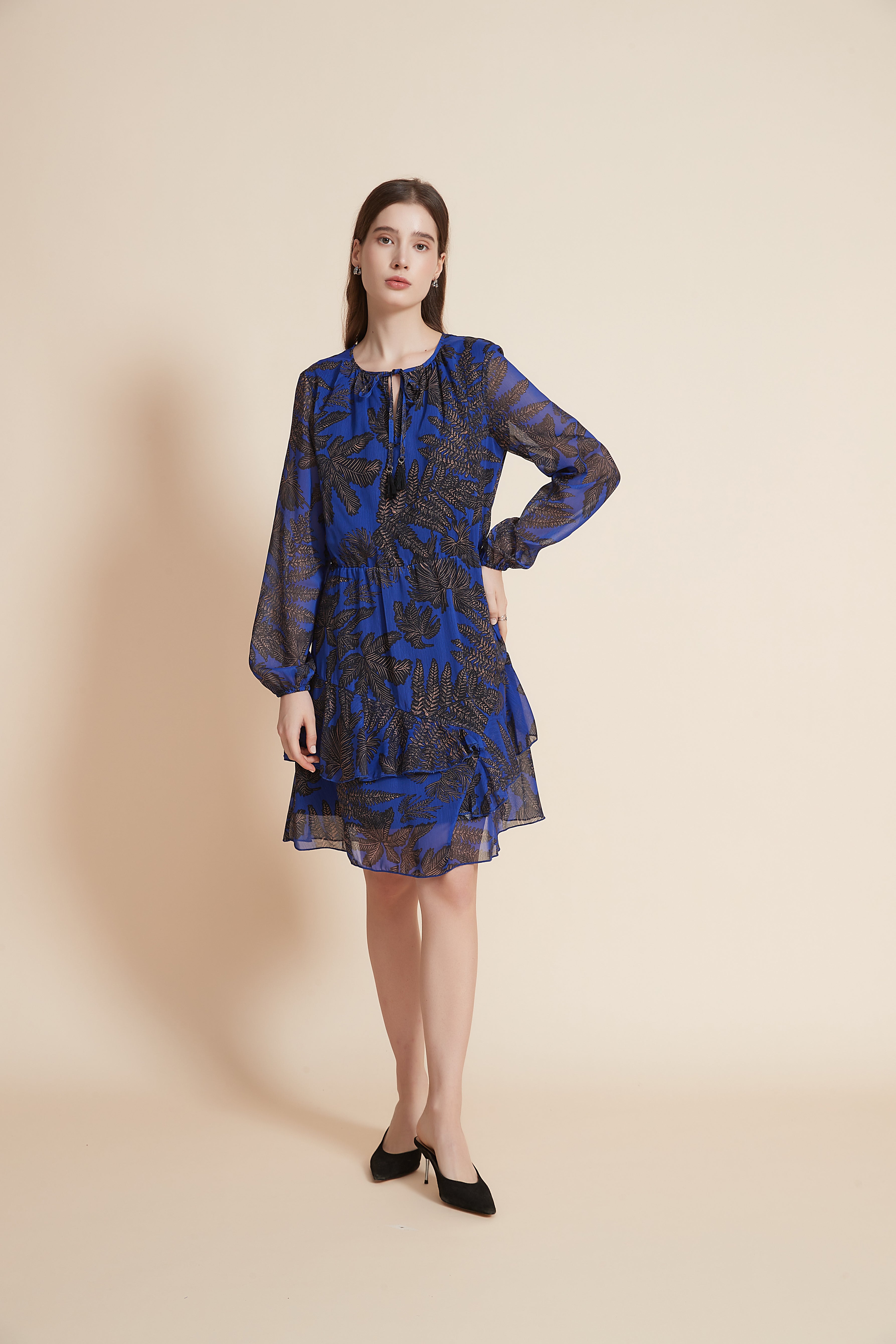 Long Sleeve Short Dress With Ruffled Floral