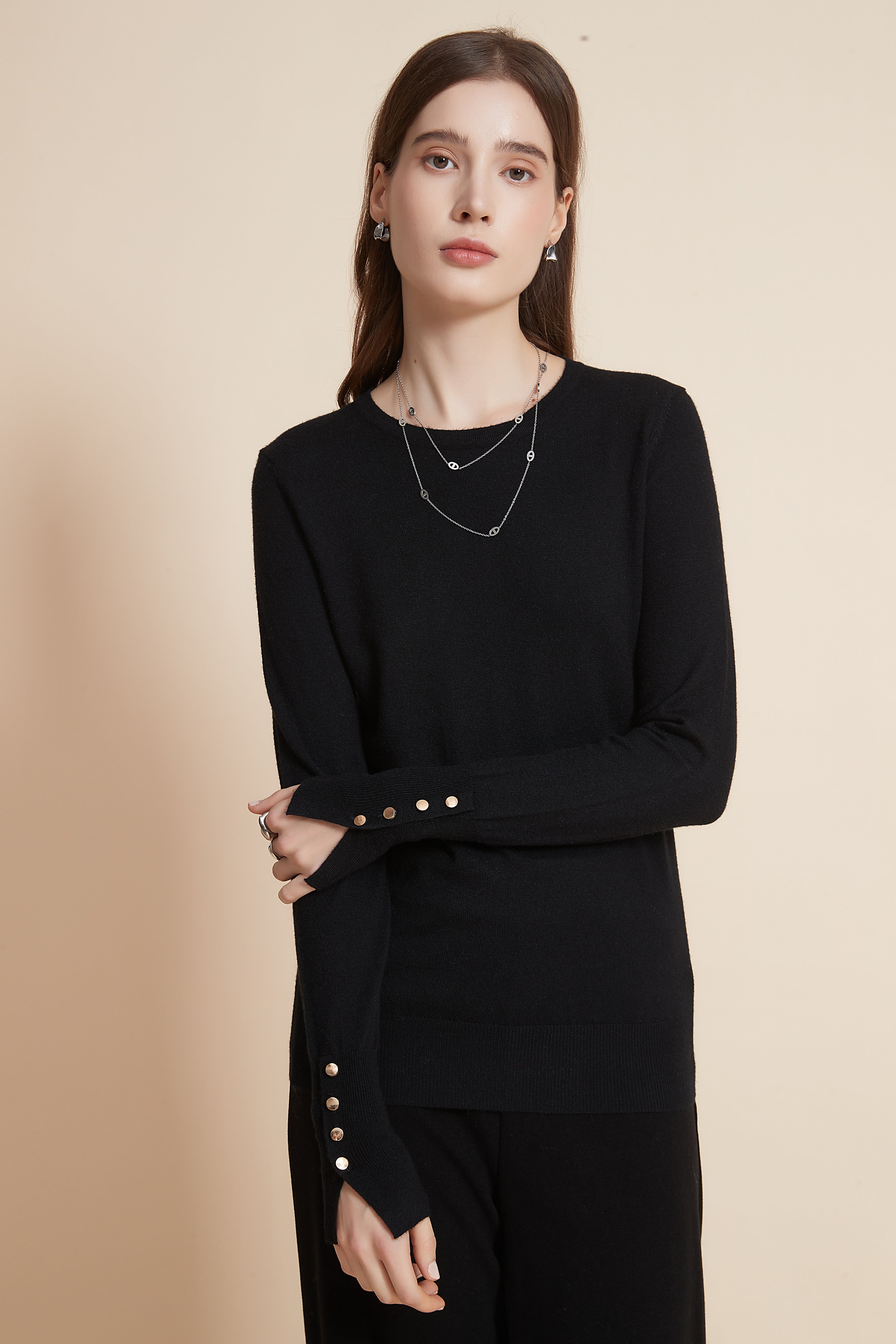 Yola Plain Long Sleeve Blouse with Metallic Button Details