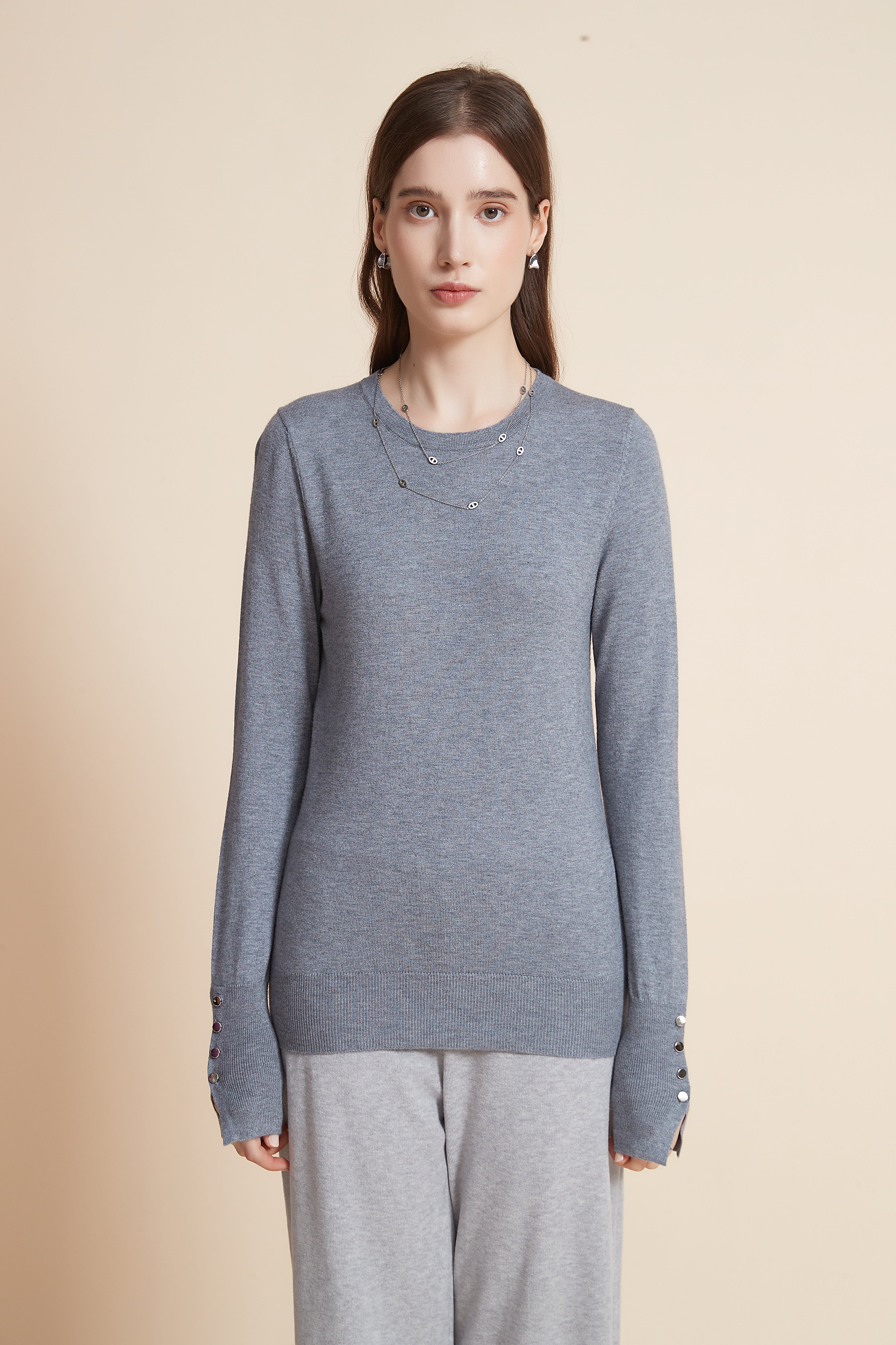 Yola Plain Long Sleeve Blouse with Metallic Button Details