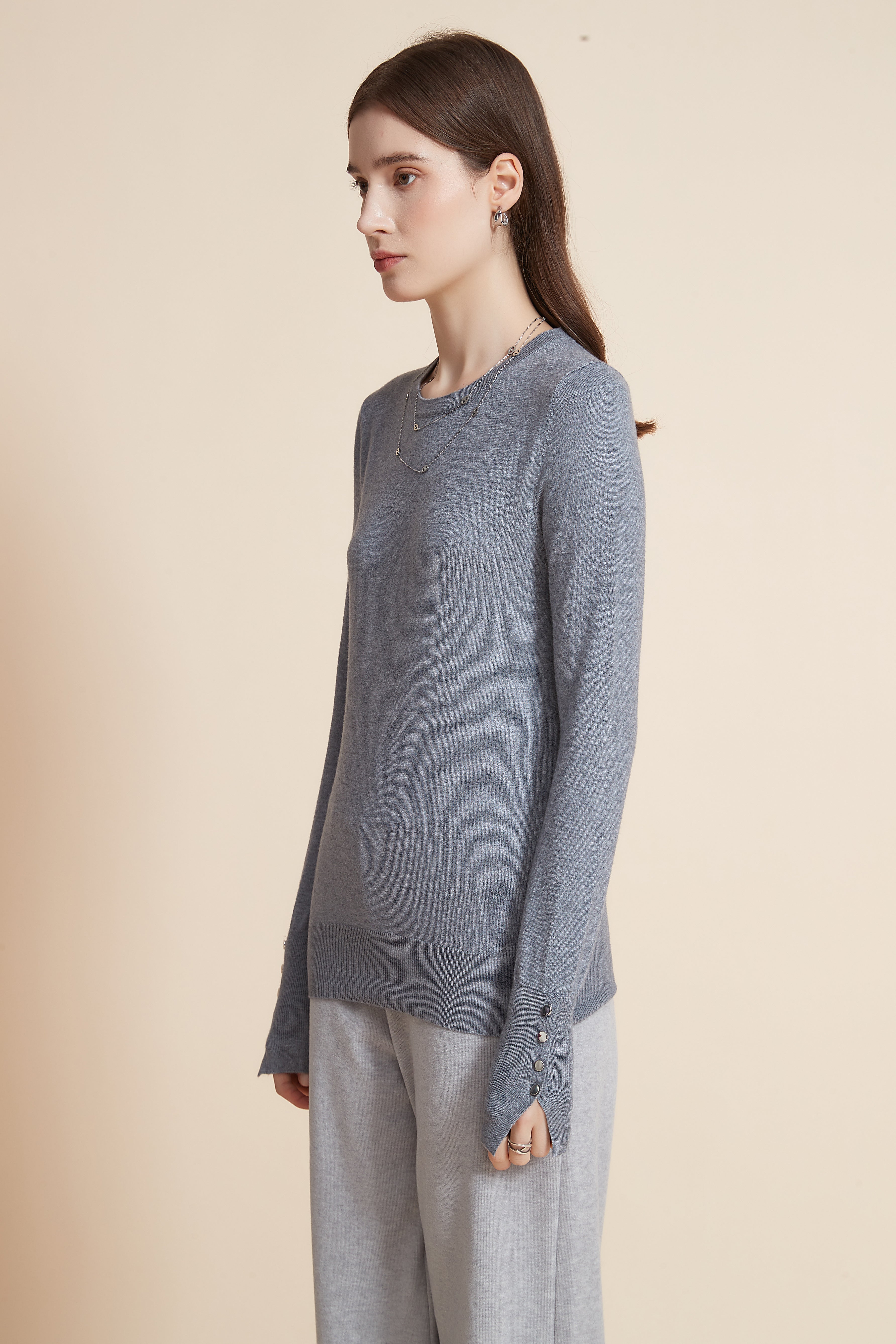 Yola Plain Long Sleeve Blouse with Metallic Button Details