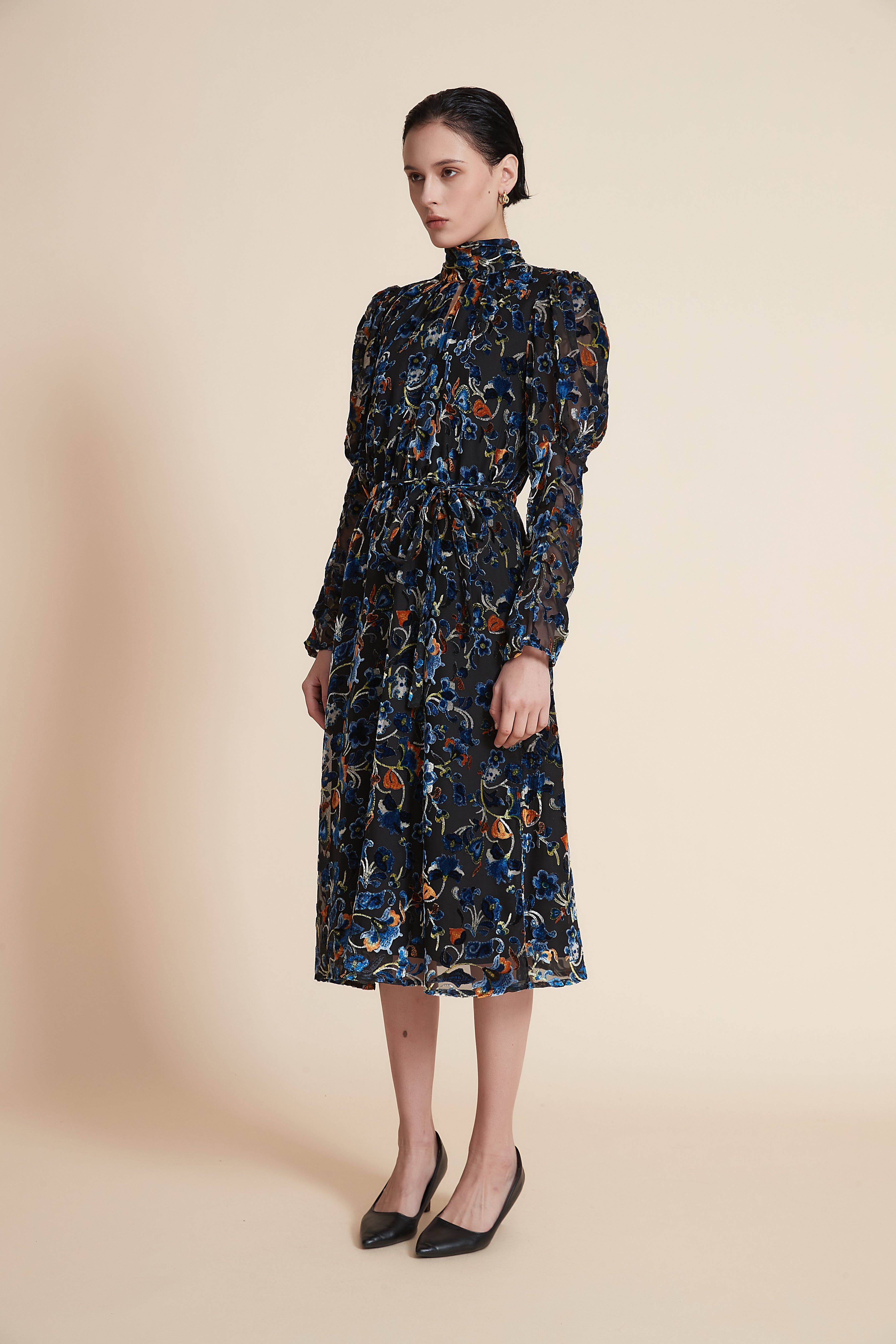 Printed Midi Dress with Long Sleeves and Round Neckline