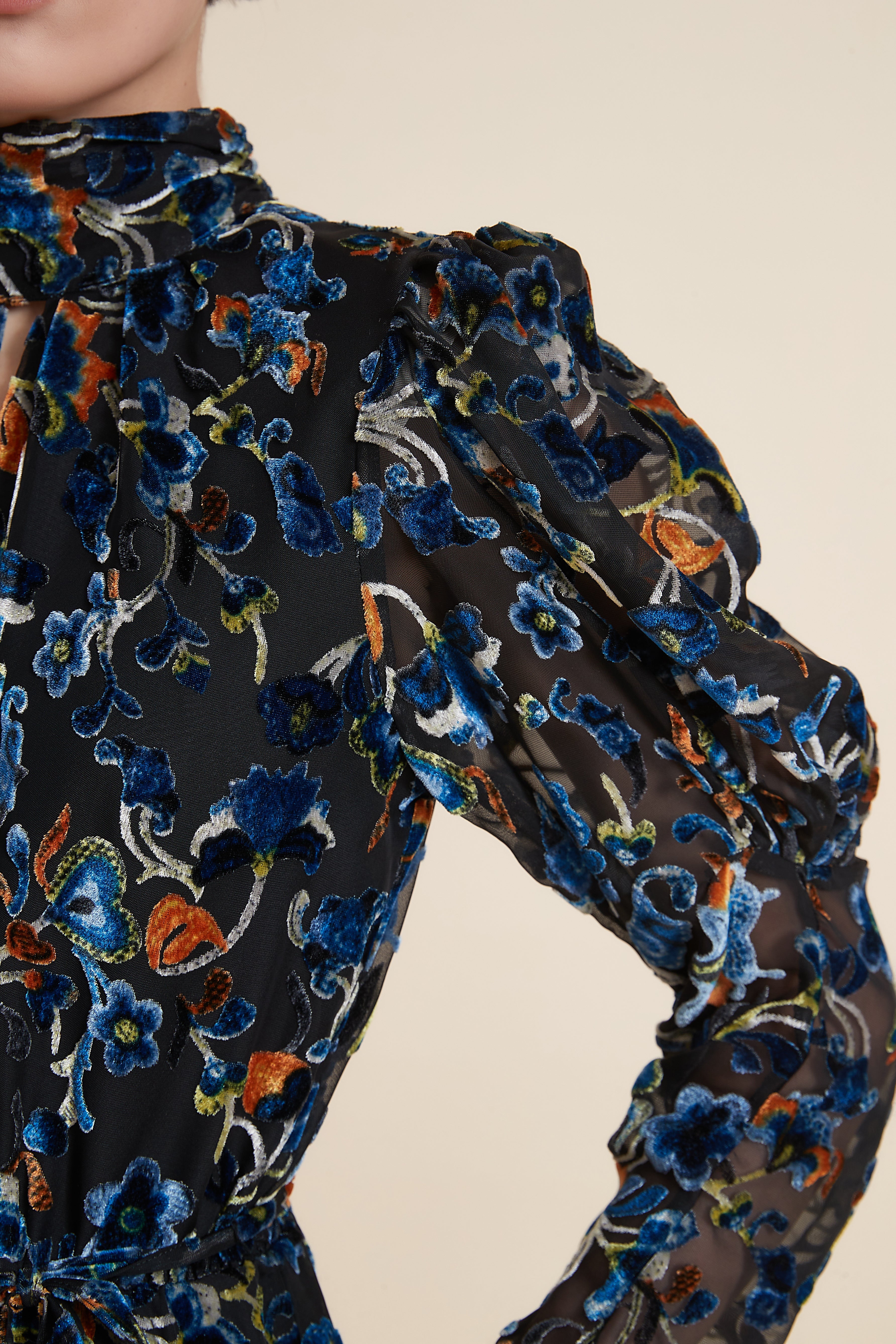 Printed Midi Dress with Long Sleeves and Round Neckline