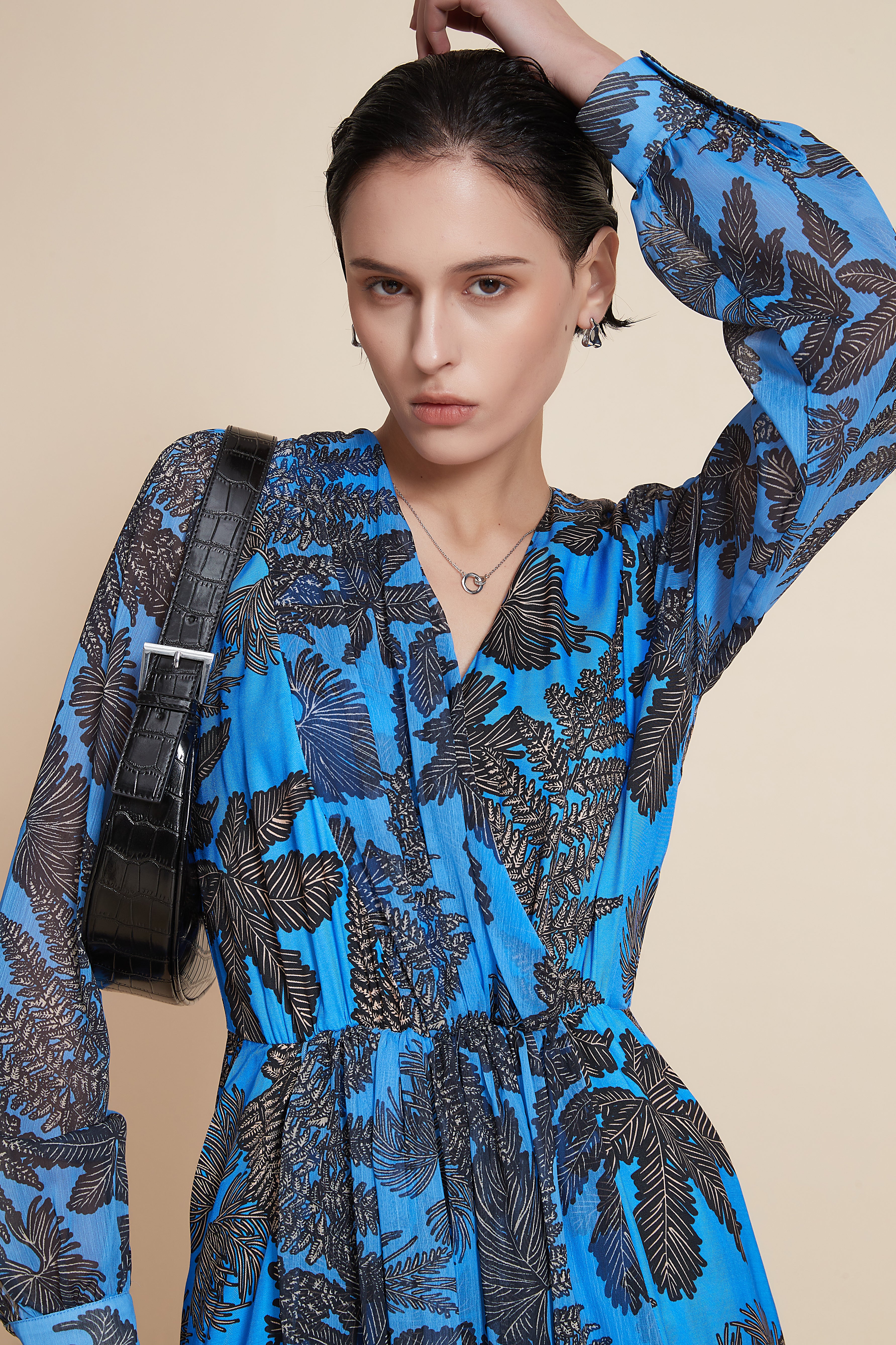 Yola Long Sleeve Ruffled Midi Dress with Floral Print