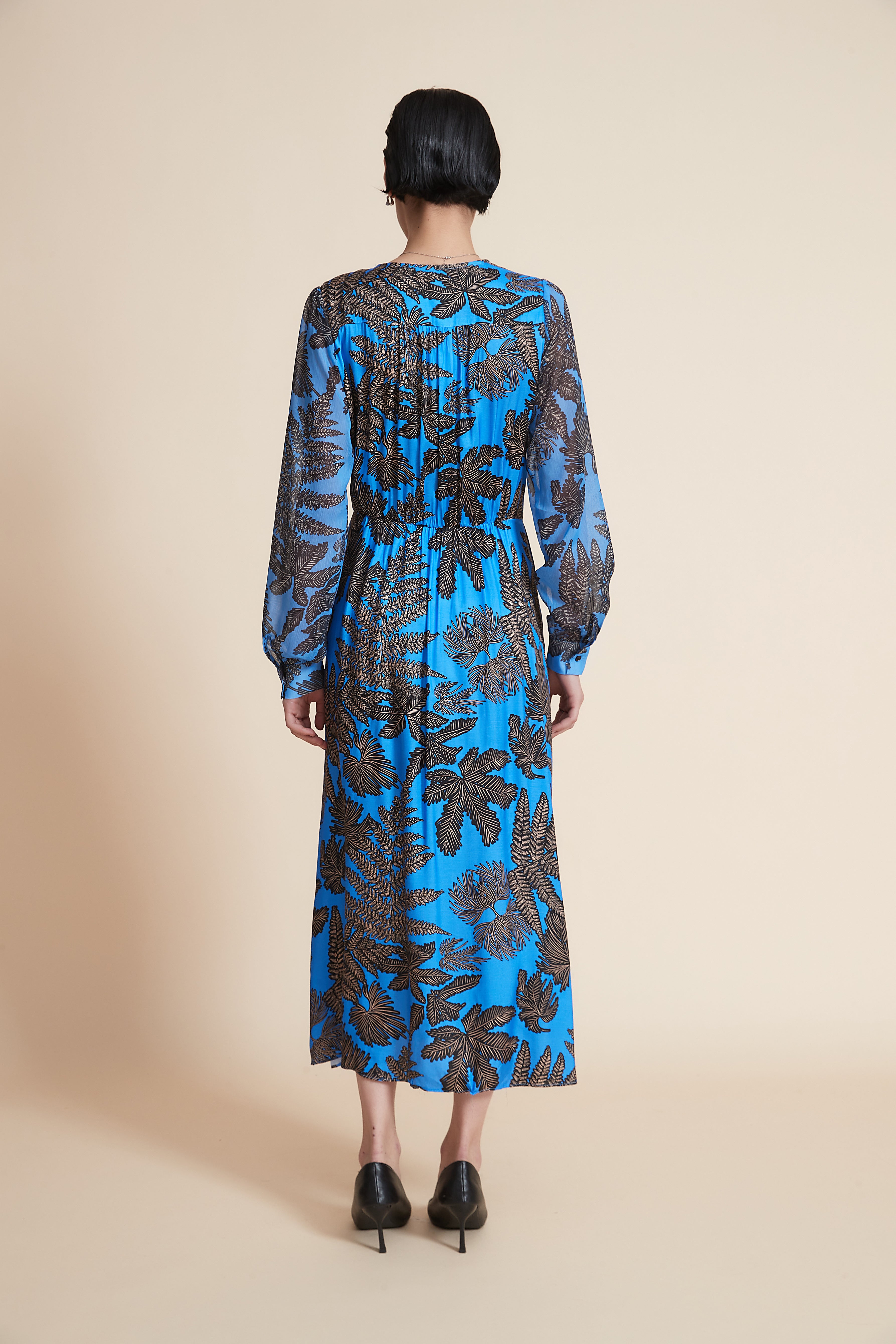 Yola Long Sleeve Ruffled Midi Dress with Floral Print