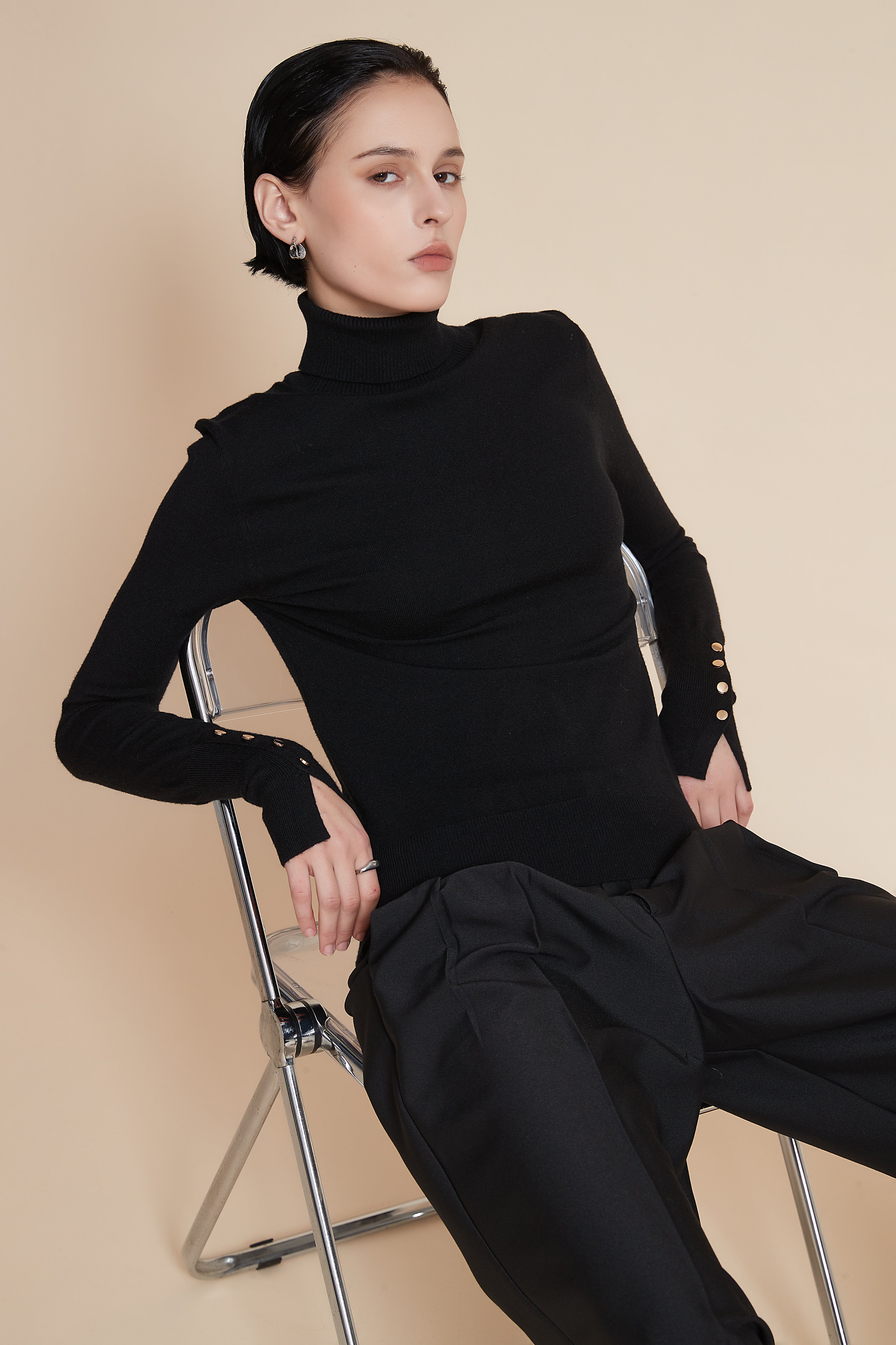 Yola High Neck Long Sleeve Blouse with Metal Buttons