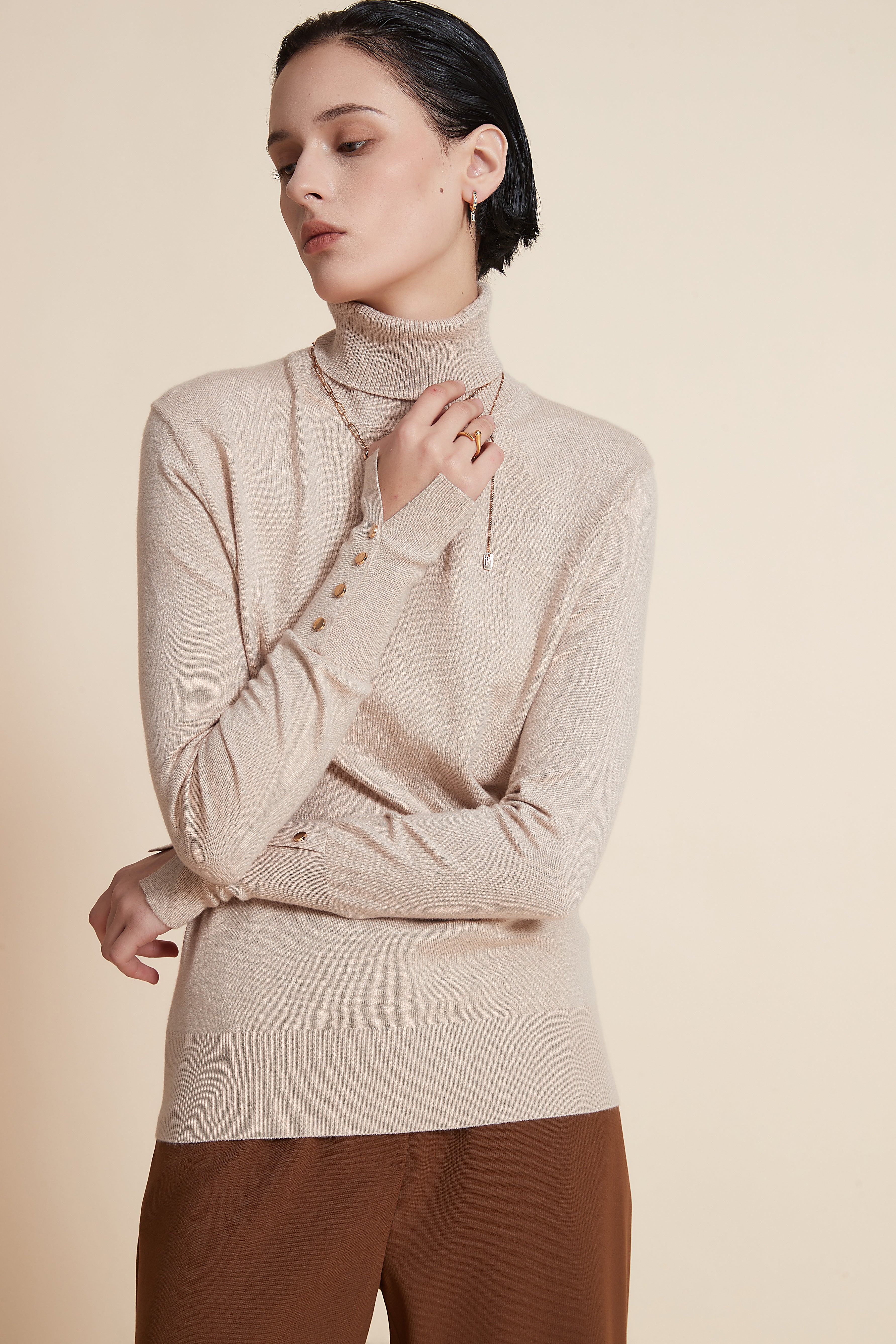 Yola High Neck Long Sleeve Blouse with Metal Buttons