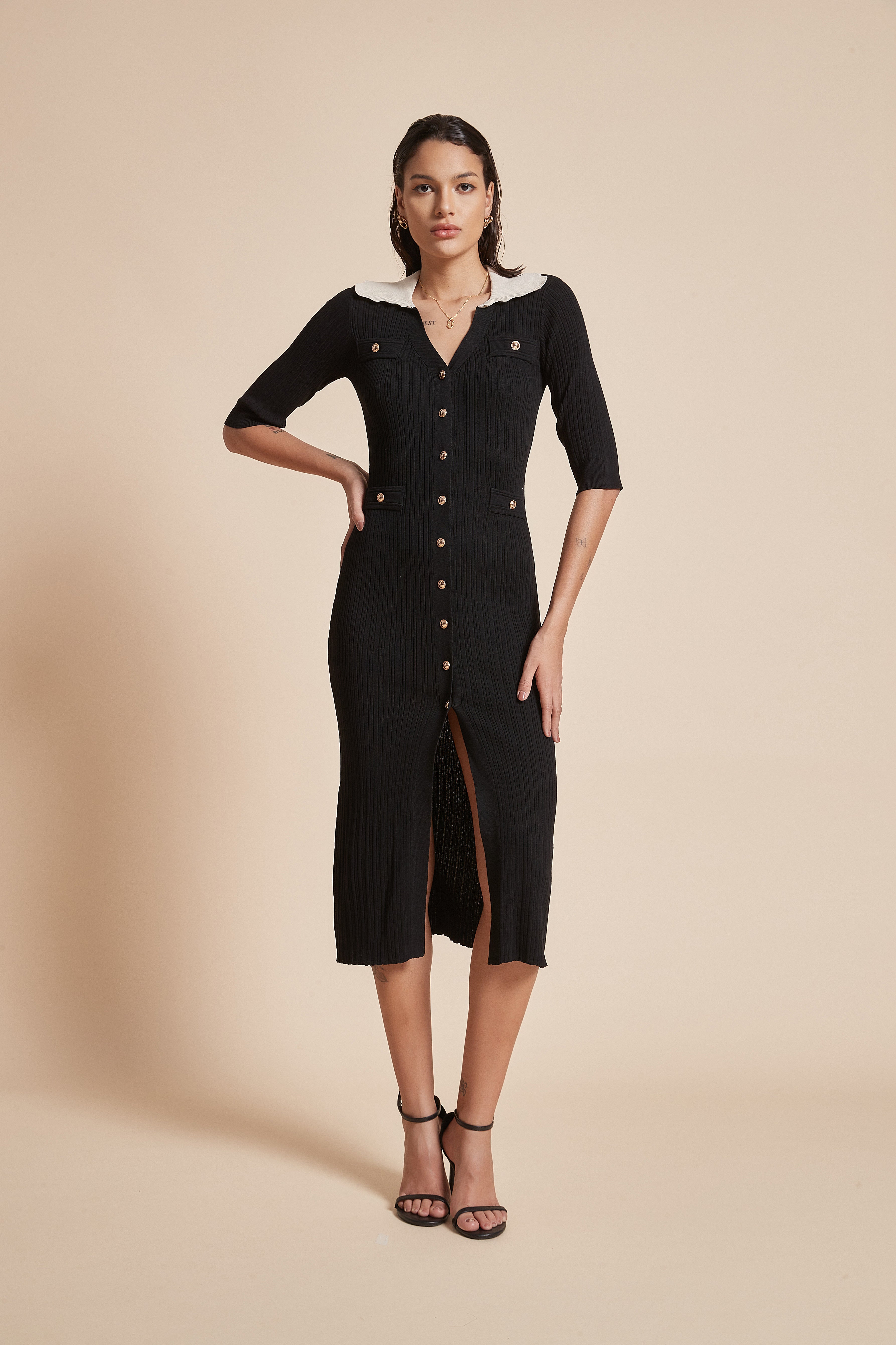 Midi Dress With Half Sleeves And Front Buttons