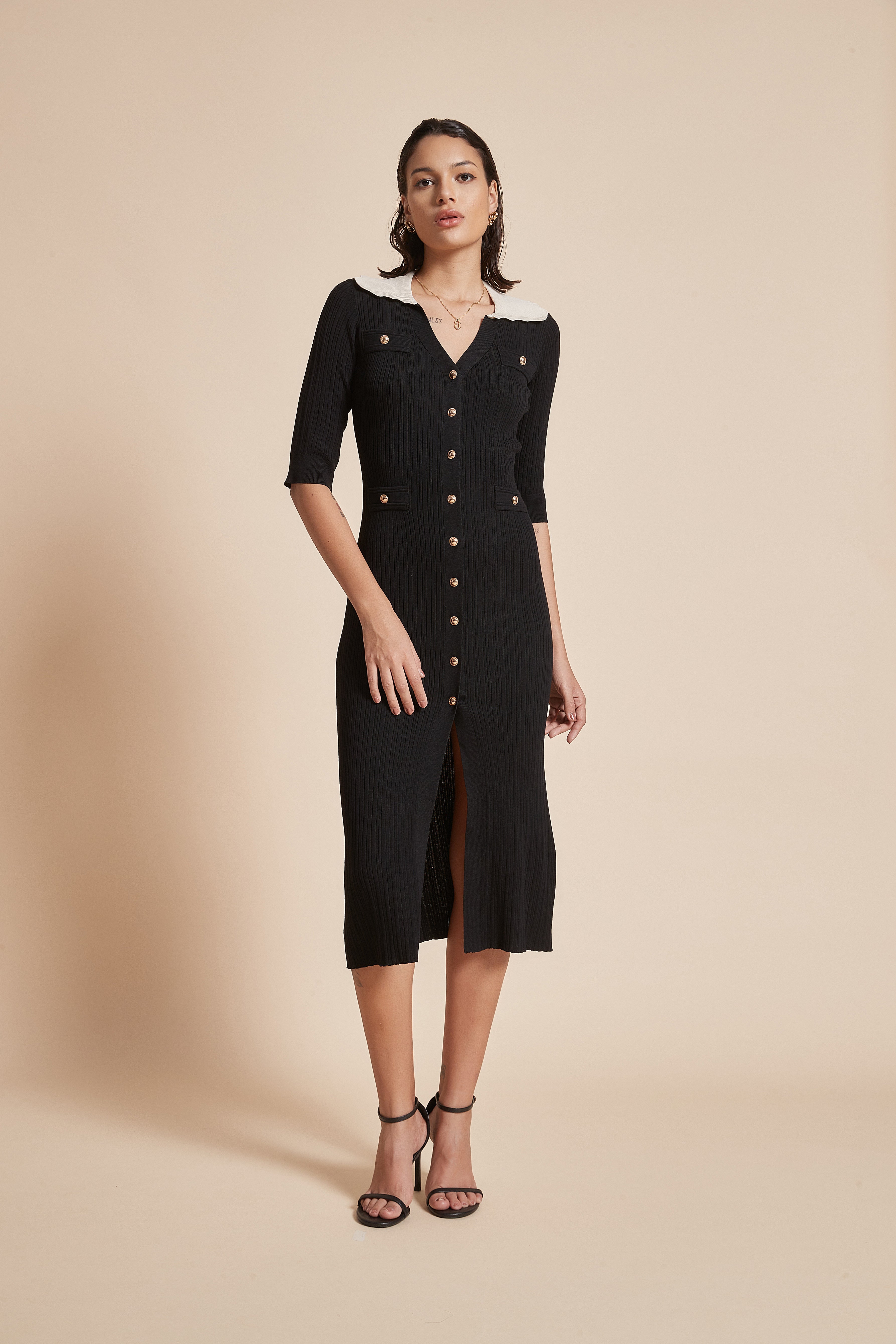 Midi Dress With Half Sleeves And Front Buttons