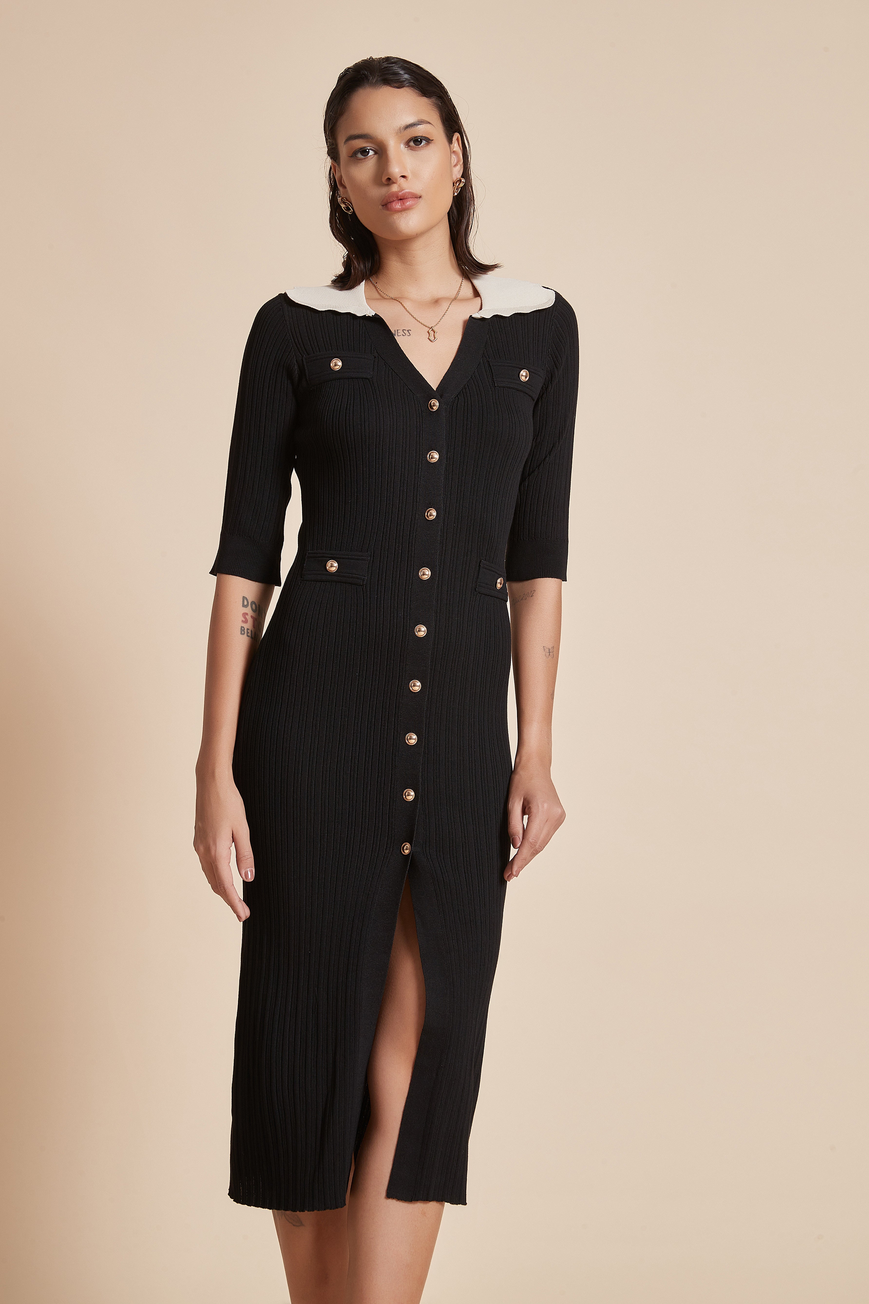 Midi Dress With Half Sleeves And Front Buttons
