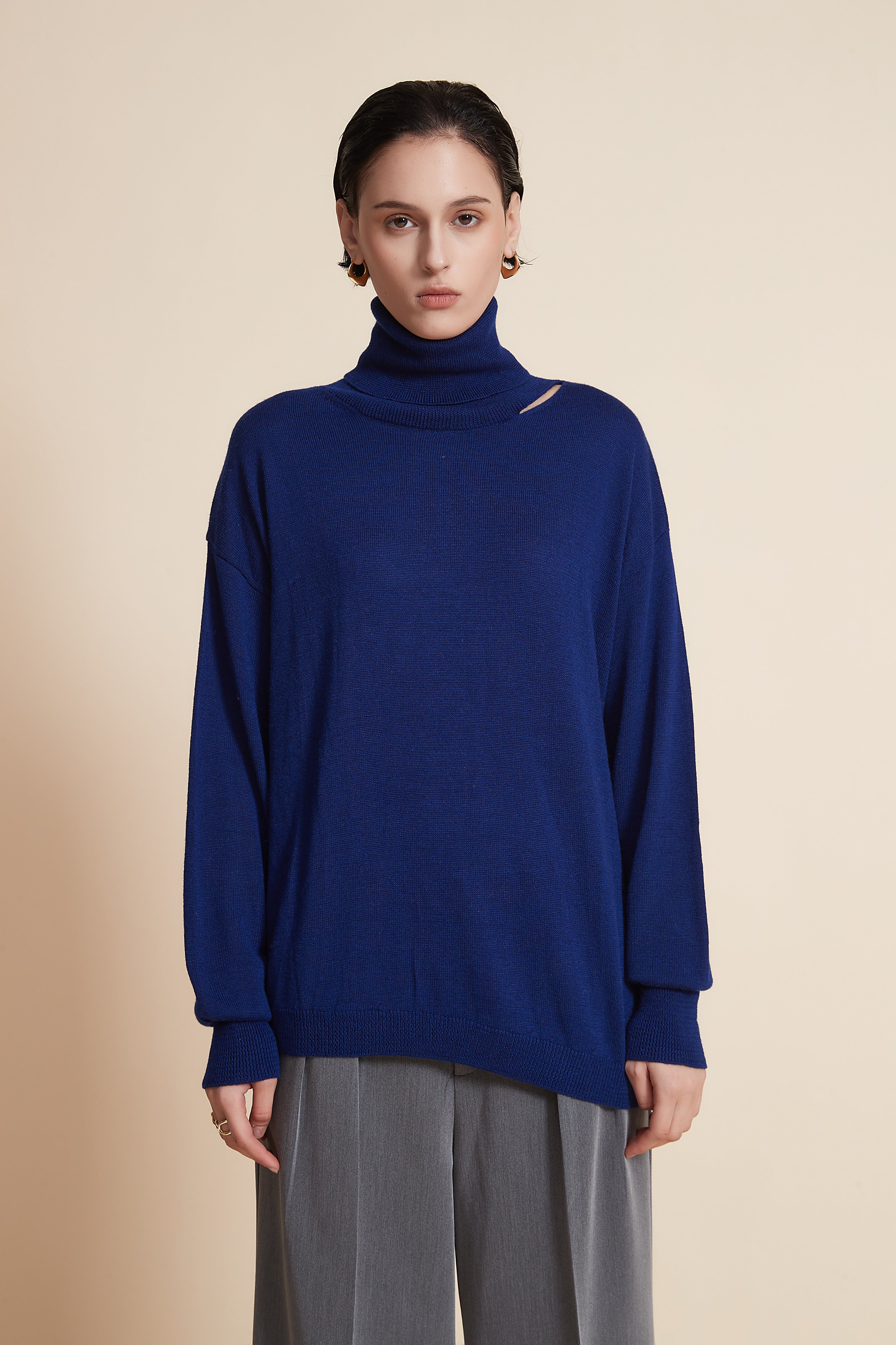 Plain Long Sleeve Sweater With High Collar