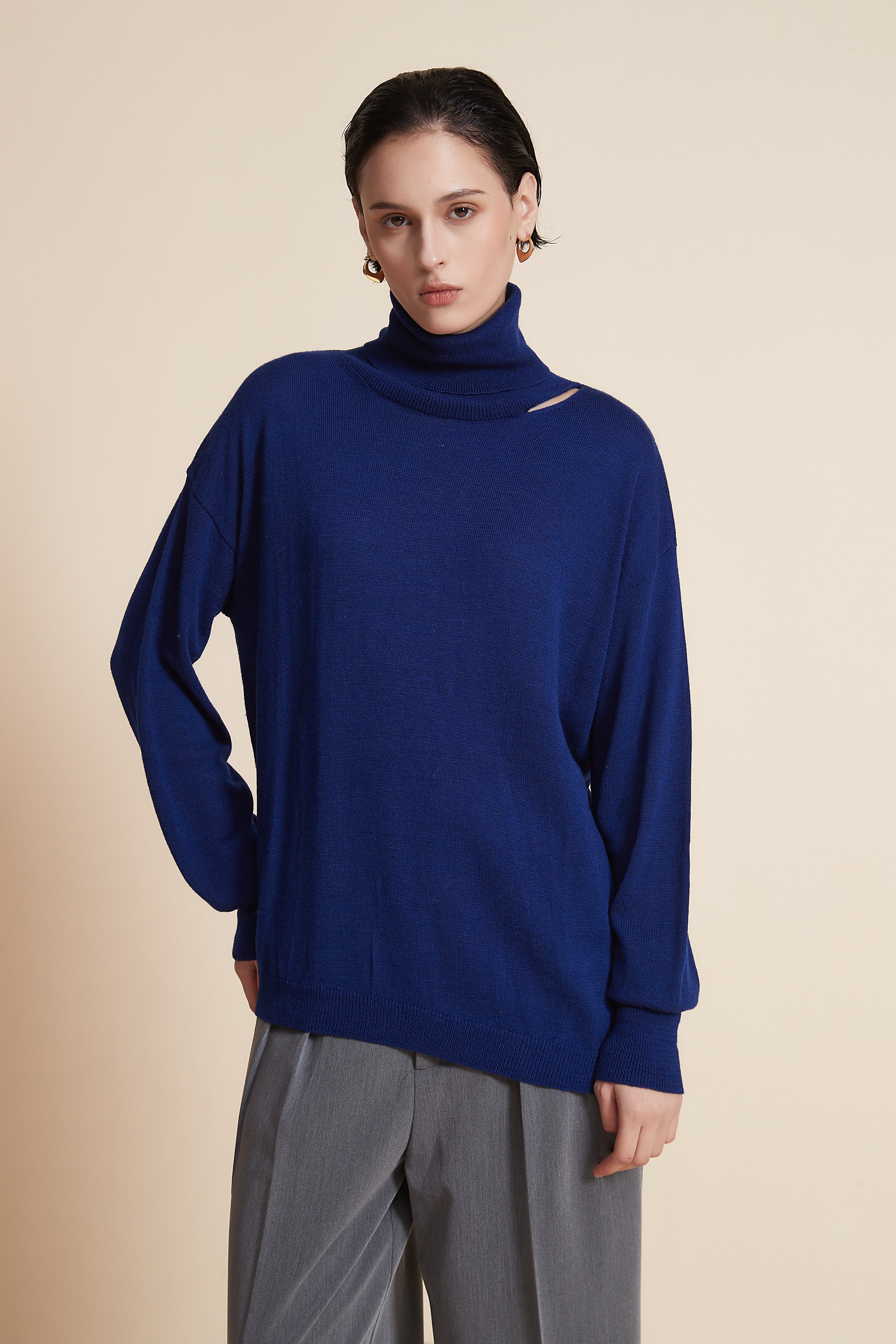 Plain Long Sleeve Sweater With High Collar