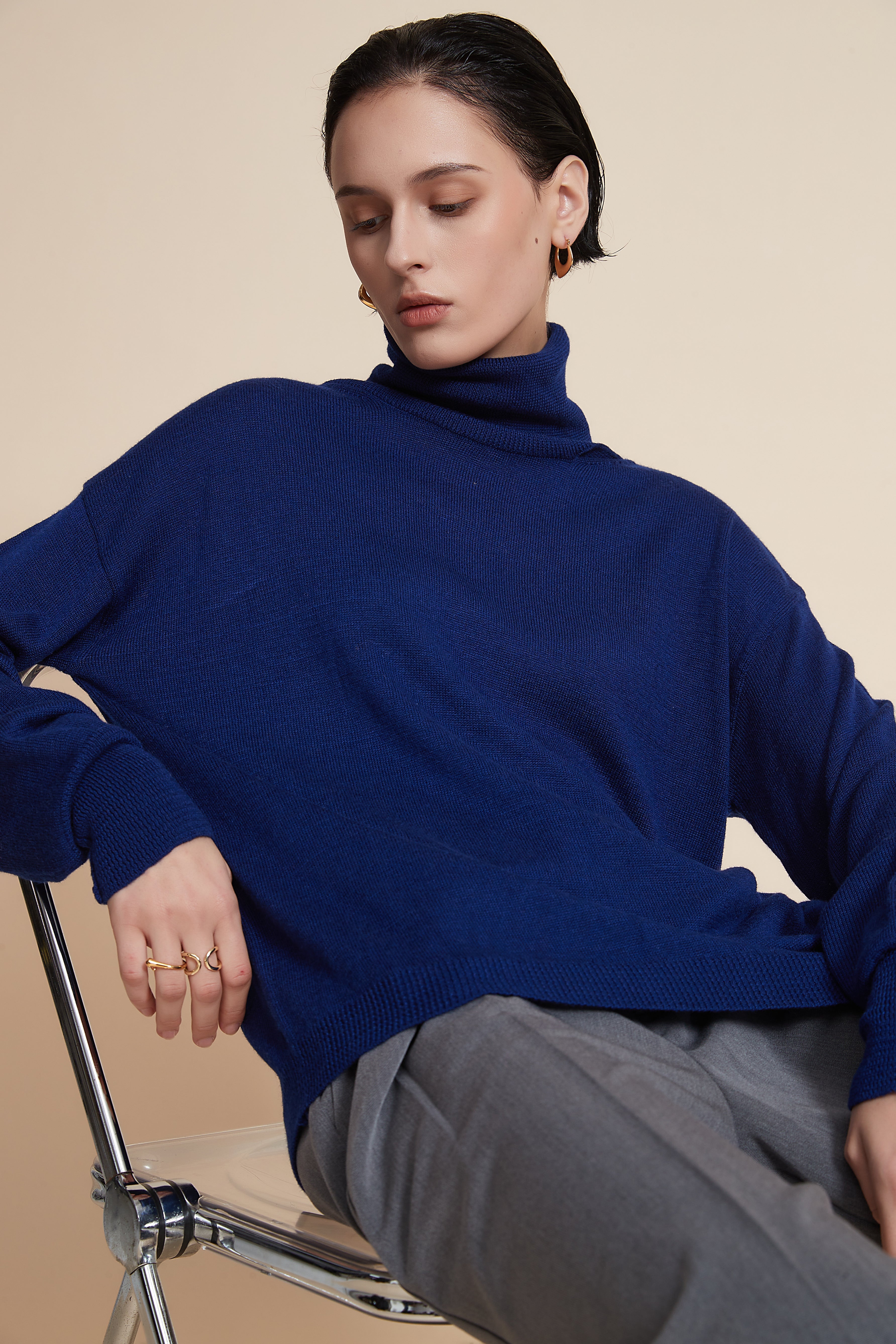 Plain Long Sleeve Sweater With High Collar