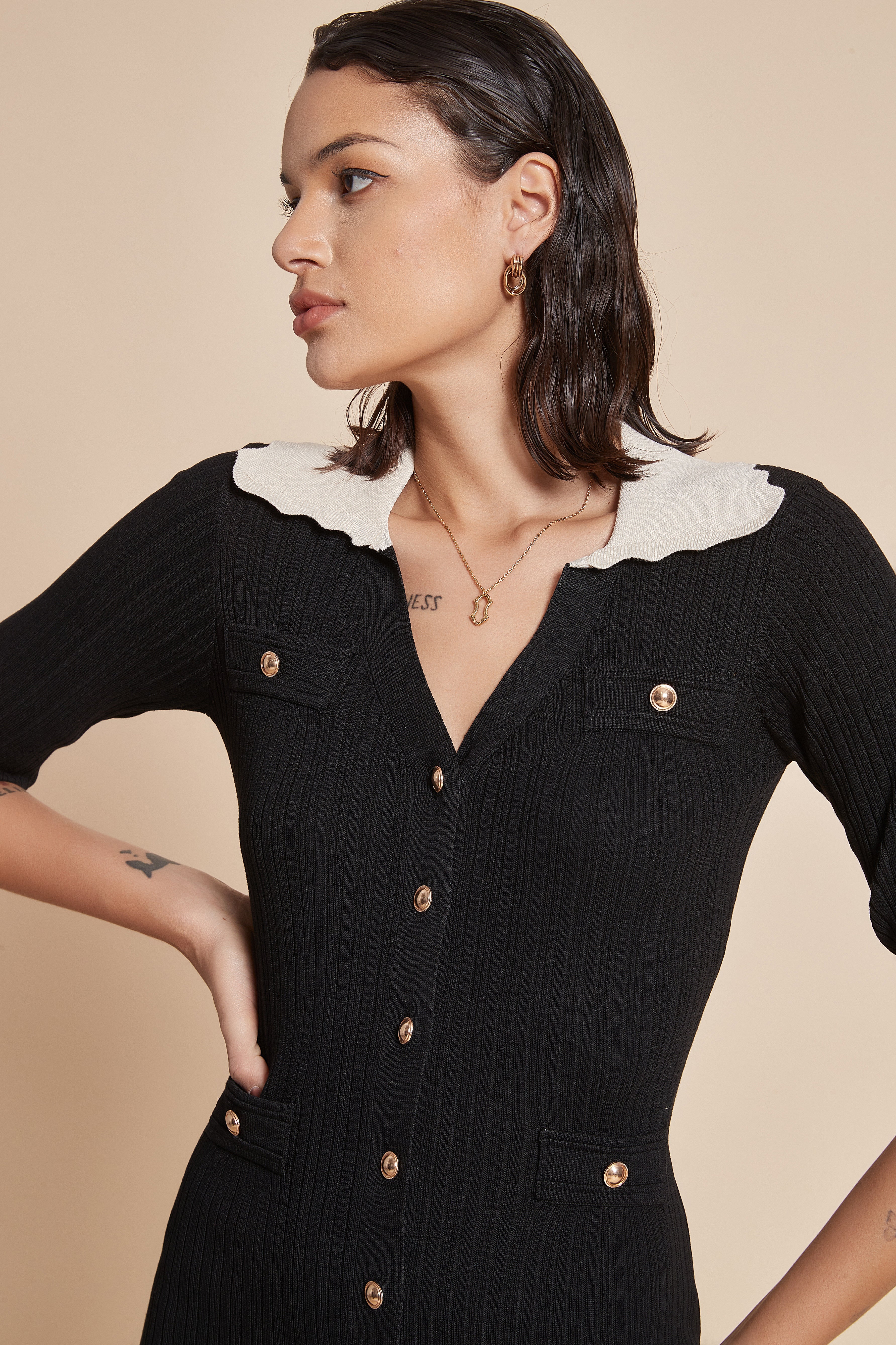 Midi Dress With Half Sleeves And Front Buttons