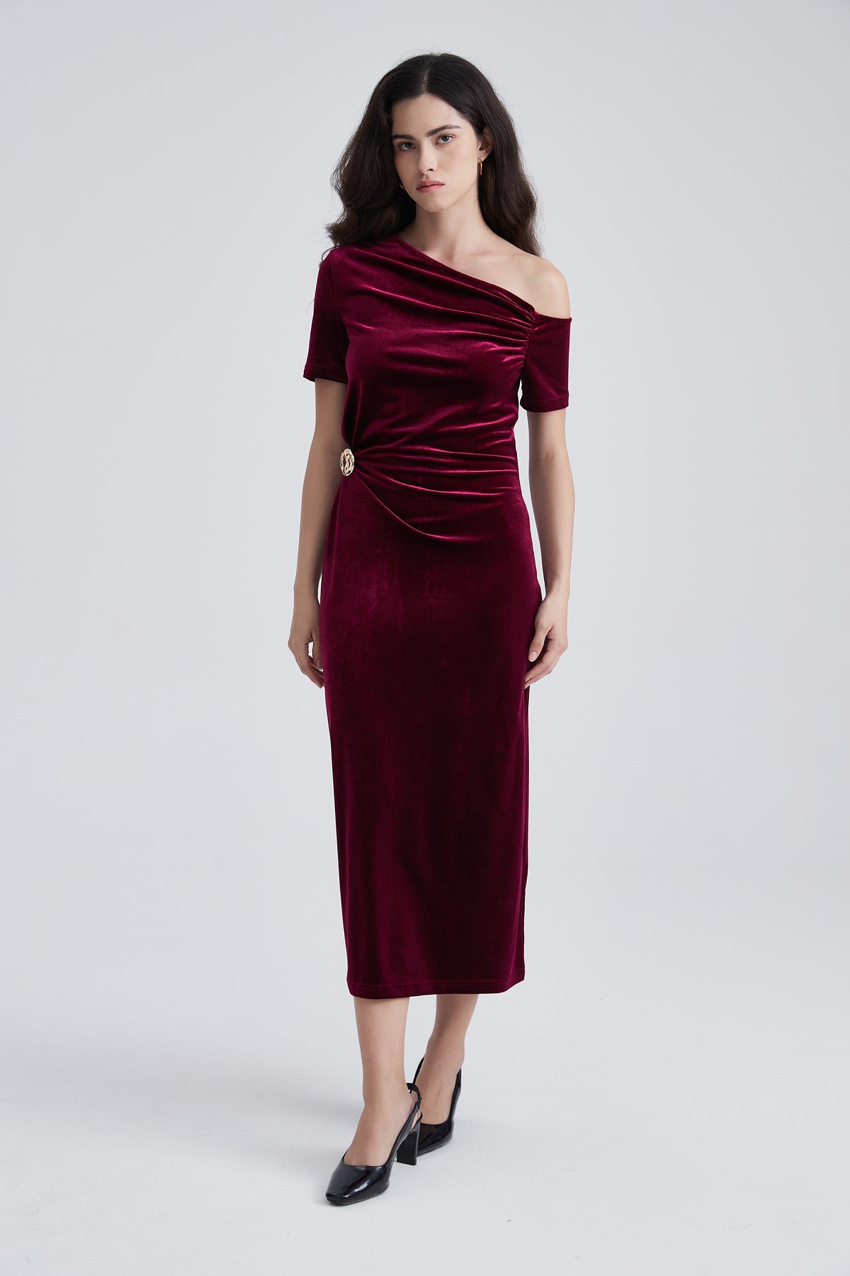 Off-Shoulder Midi Dress with Side Gathering